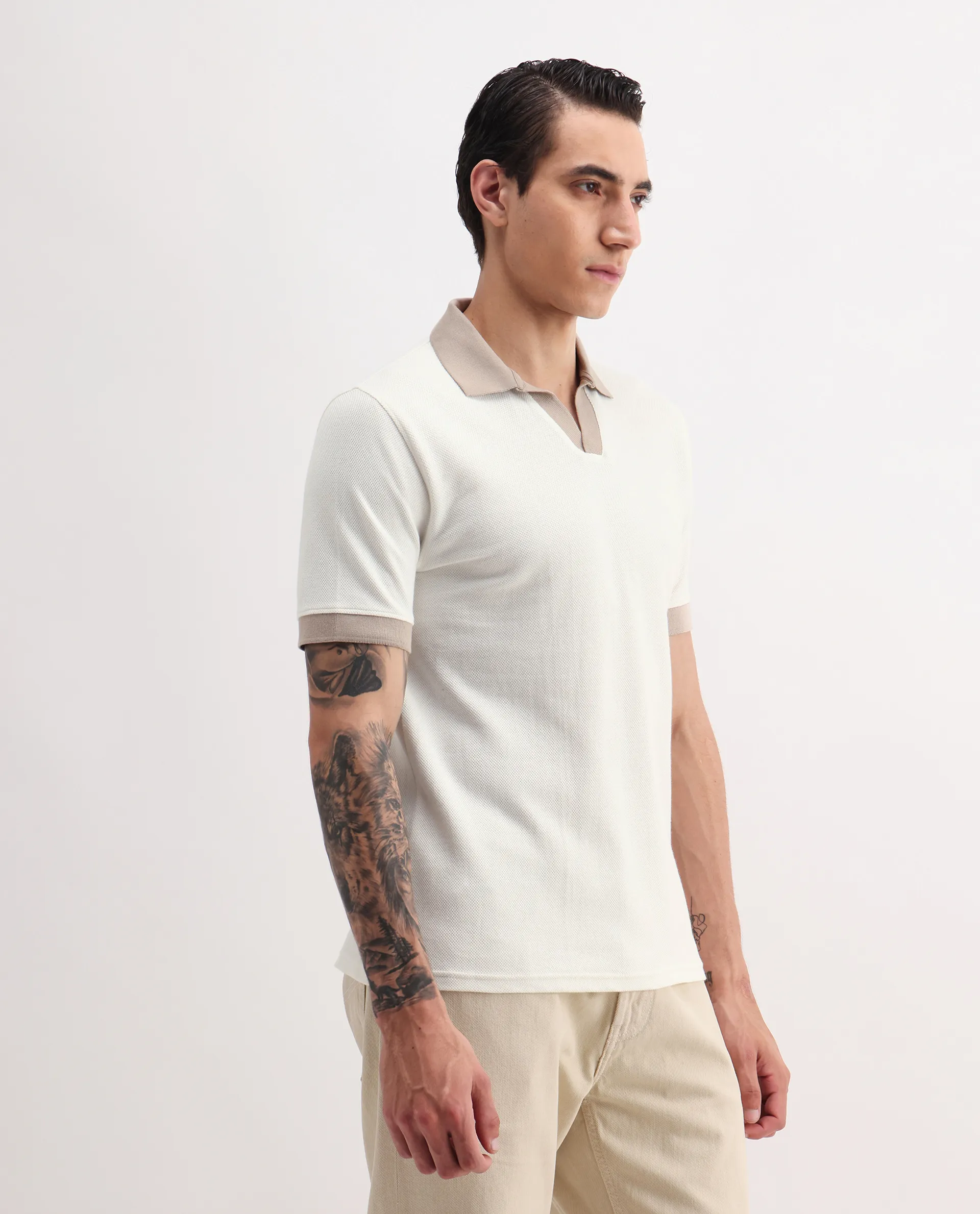 Rare Rabbit Men's Marcelo-1 Off White Cotton Blend Plain Regular Fit Half Sleeve Polo - Image 6