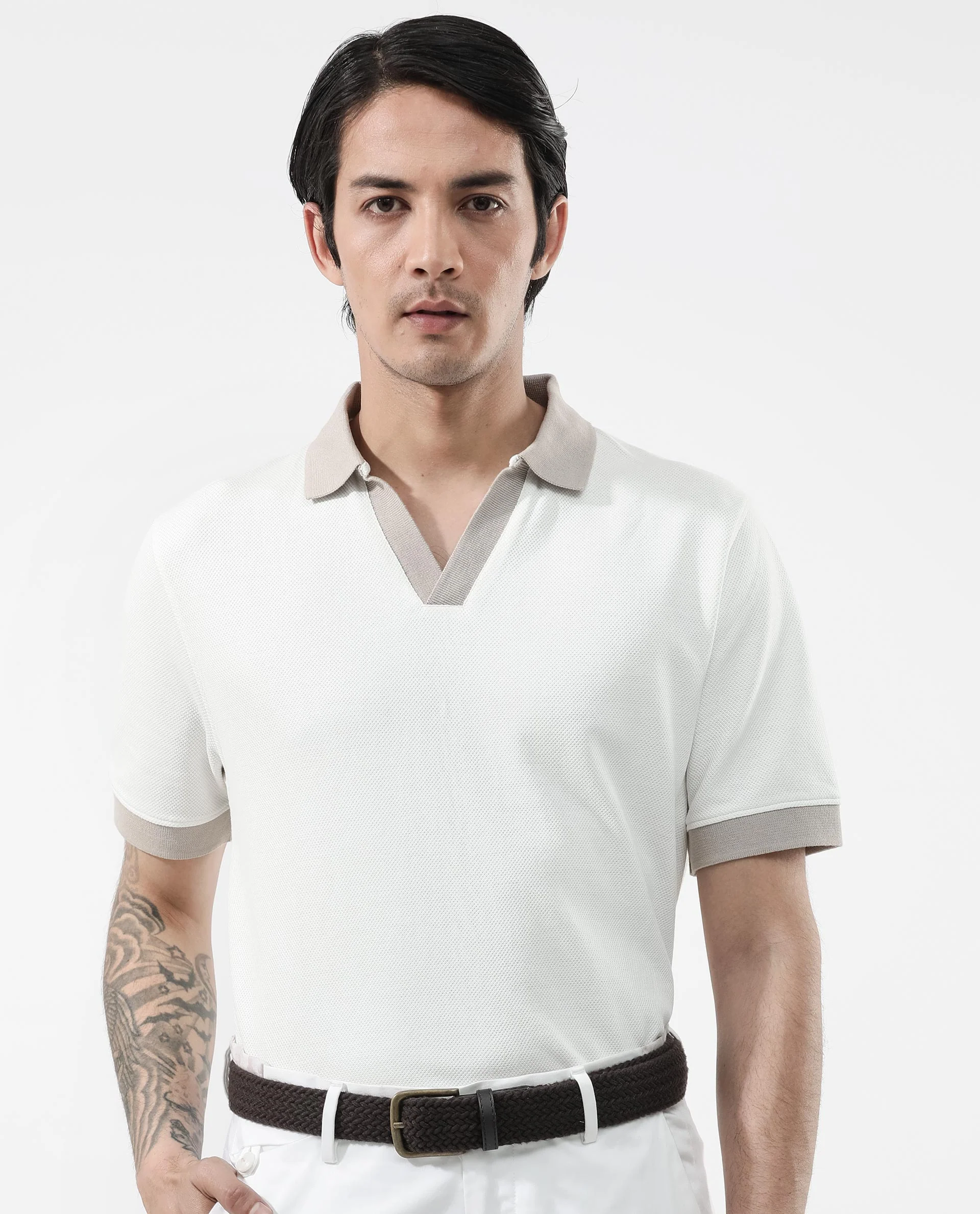 Rare Rabbit Men's Marcelo Off White Cotton Blend Plain Regular Fit Half Sleeve Polo - Image 3
