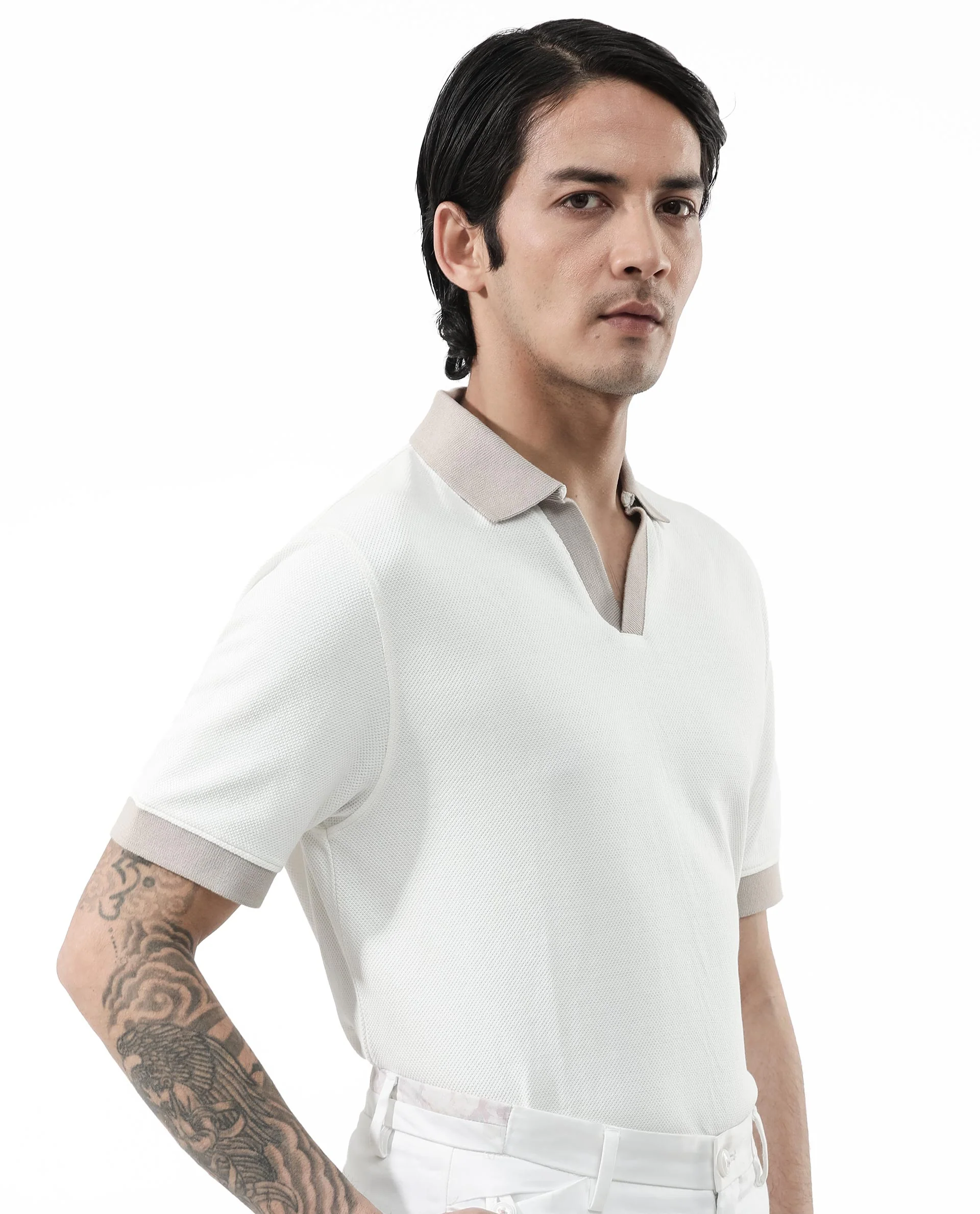 Rare Rabbit Men's Marcelo Off White Cotton Blend Plain Regular Fit Half Sleeve Polo - Image 6
