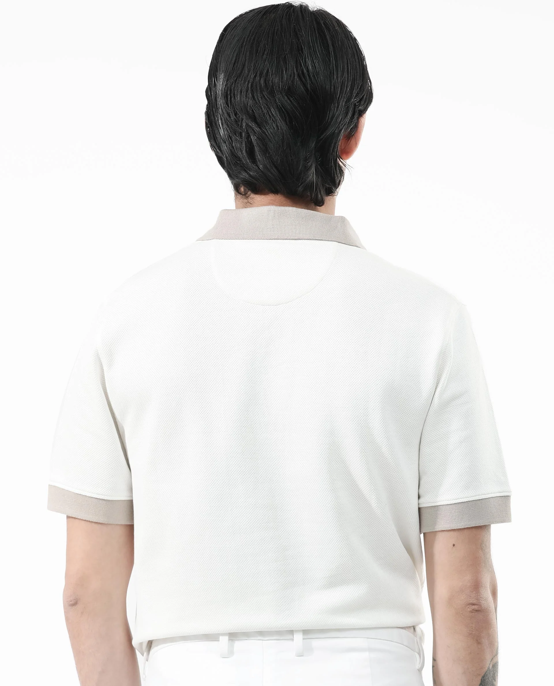 Rare Rabbit Men's Marcelo Off White Cotton Blend Plain Regular Fit Half Sleeve Polo - Image 8