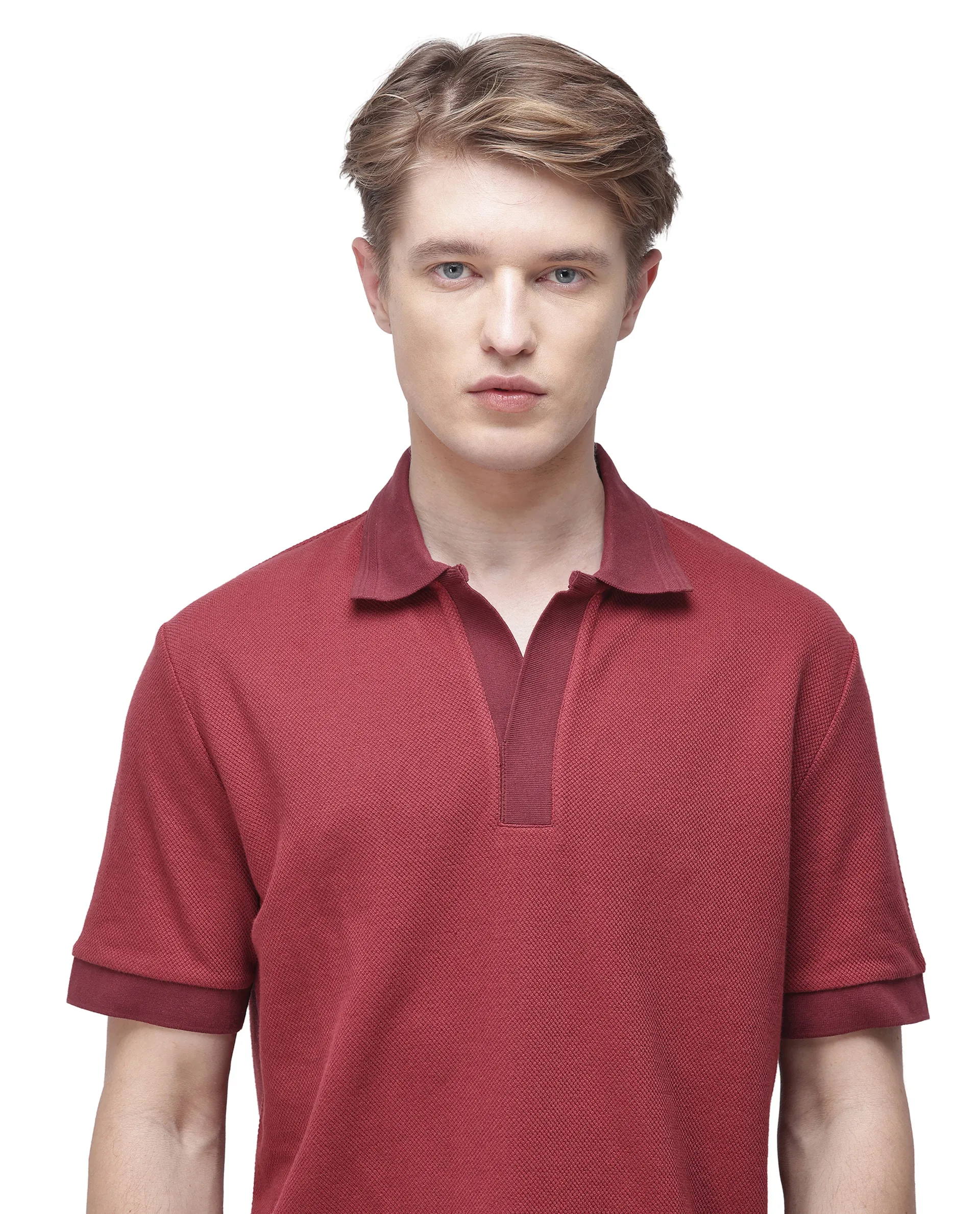 Rare Rabbit Men's Marcelon Red Cotton Blend Jacquard Regular Fit Half Sleeve Polo - Image 3