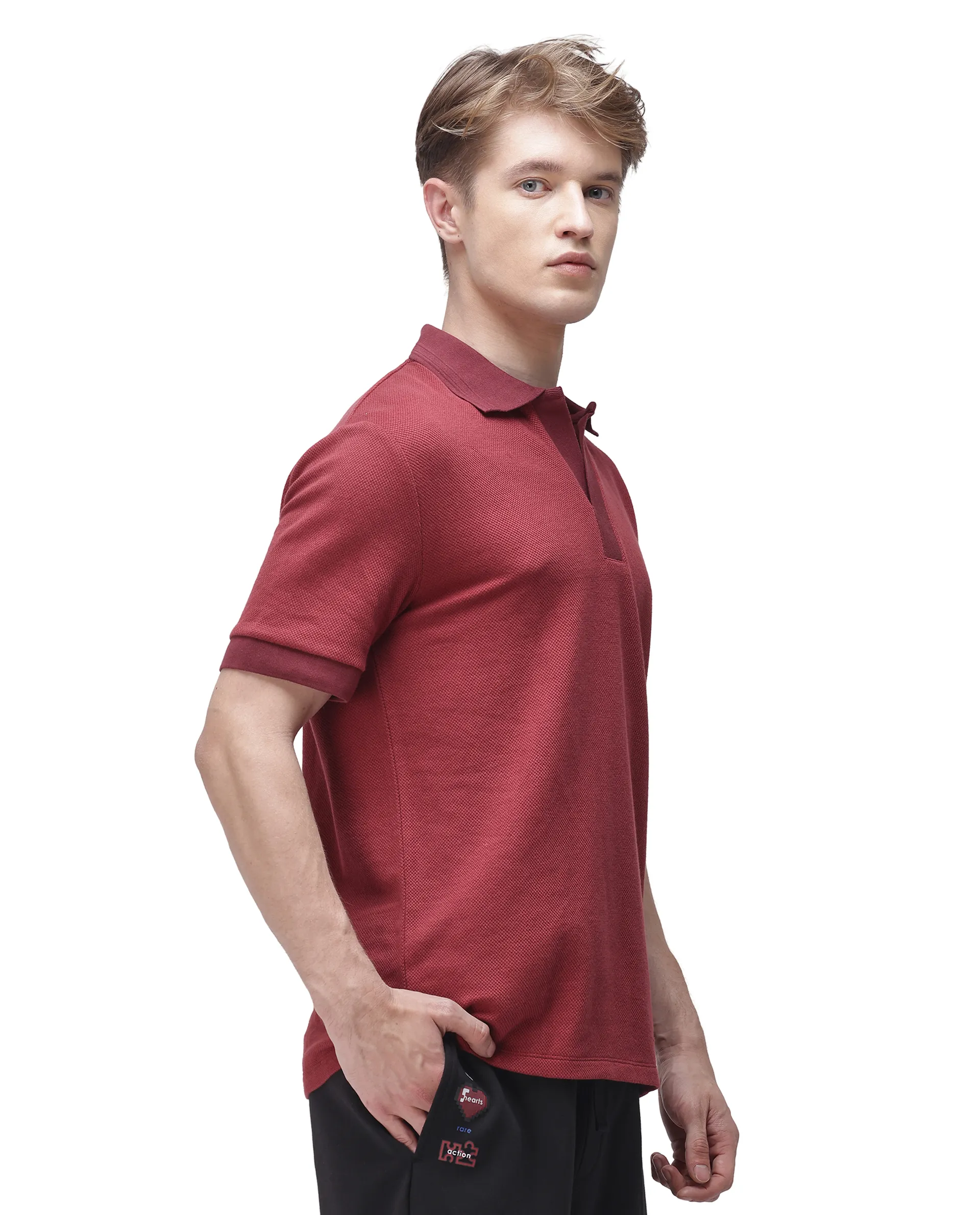 Rare Rabbit Men's Marcelon Red Cotton Blend Jacquard Regular Fit Half Sleeve Polo - Image 6