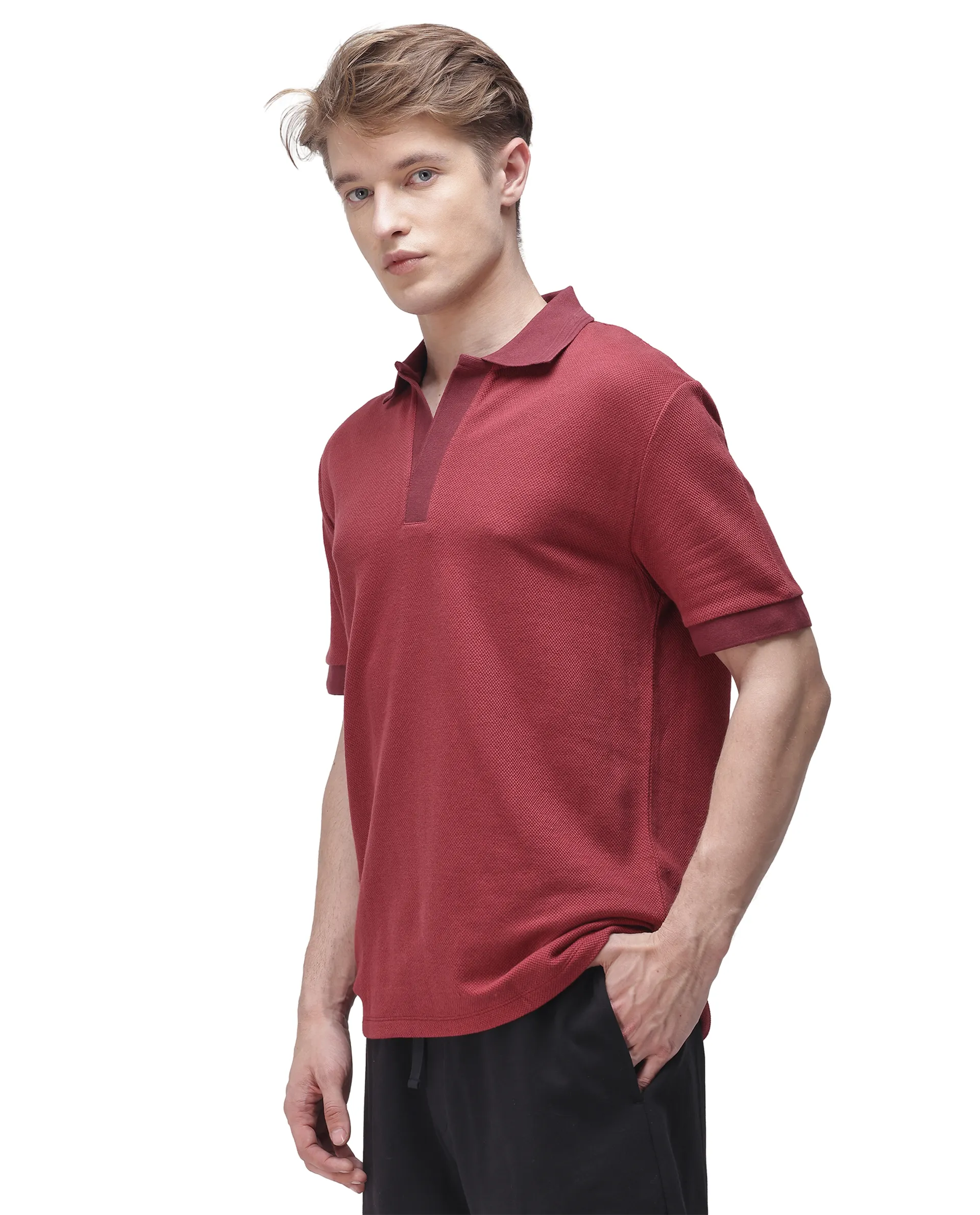 Rare Rabbit Men's Marcelon Red Cotton Blend Jacquard Regular Fit Half Sleeve Polo - Image 7
