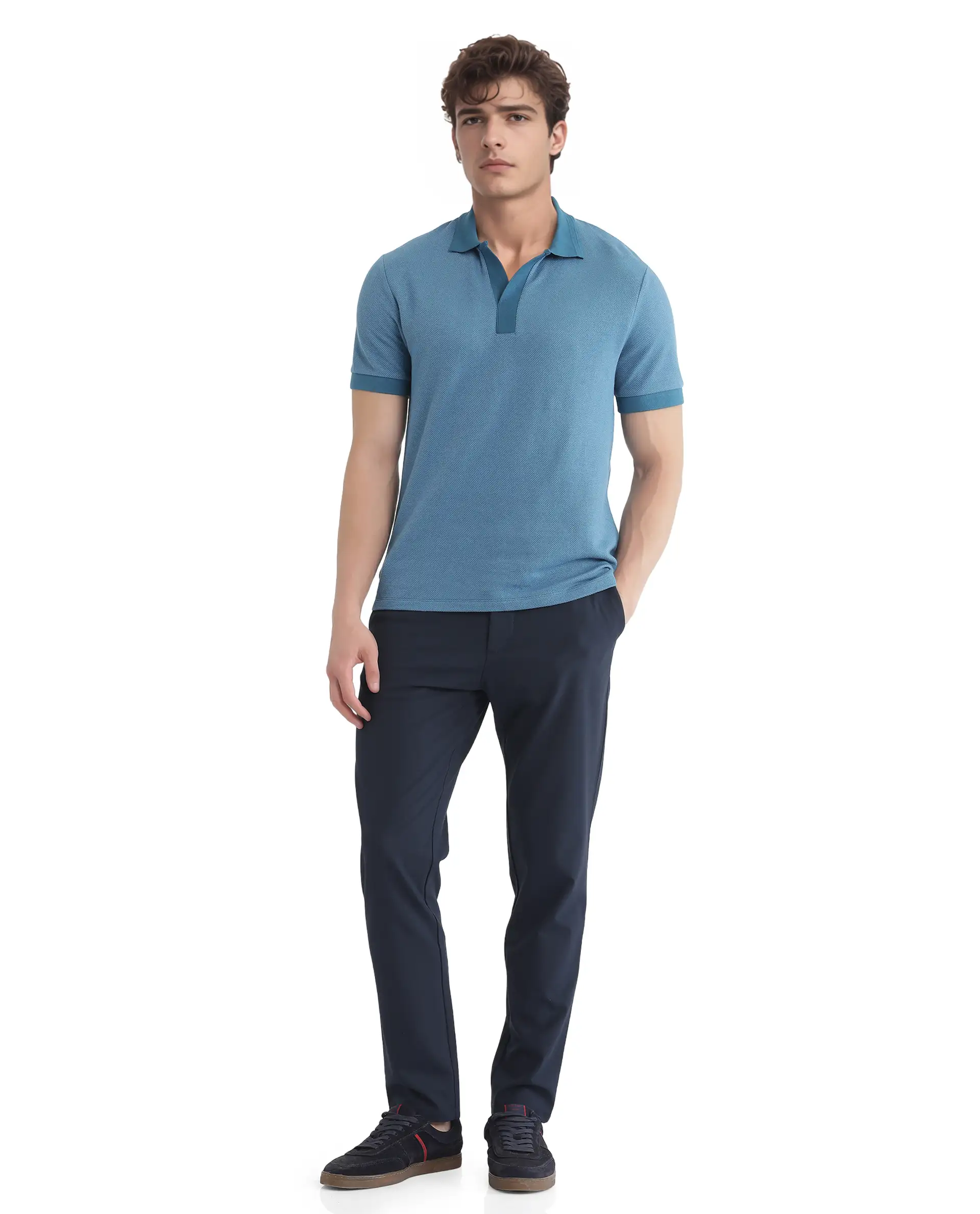Rare Rabbit Men's Marcelon Teal Cotton Blend Jacquard Regular Fit Half Sleeve Polo - Image 2