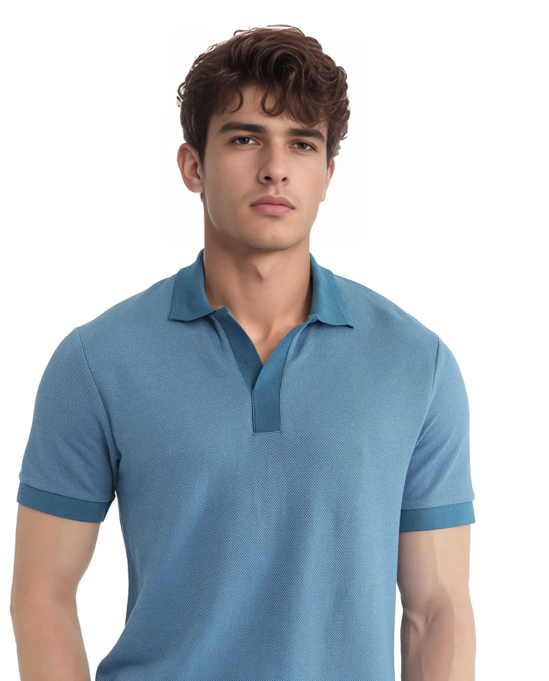 Rare Rabbit Men's Marcelon Teal Cotton Blend Jacquard Regular Fit Half Sleeve Polo - Image 3