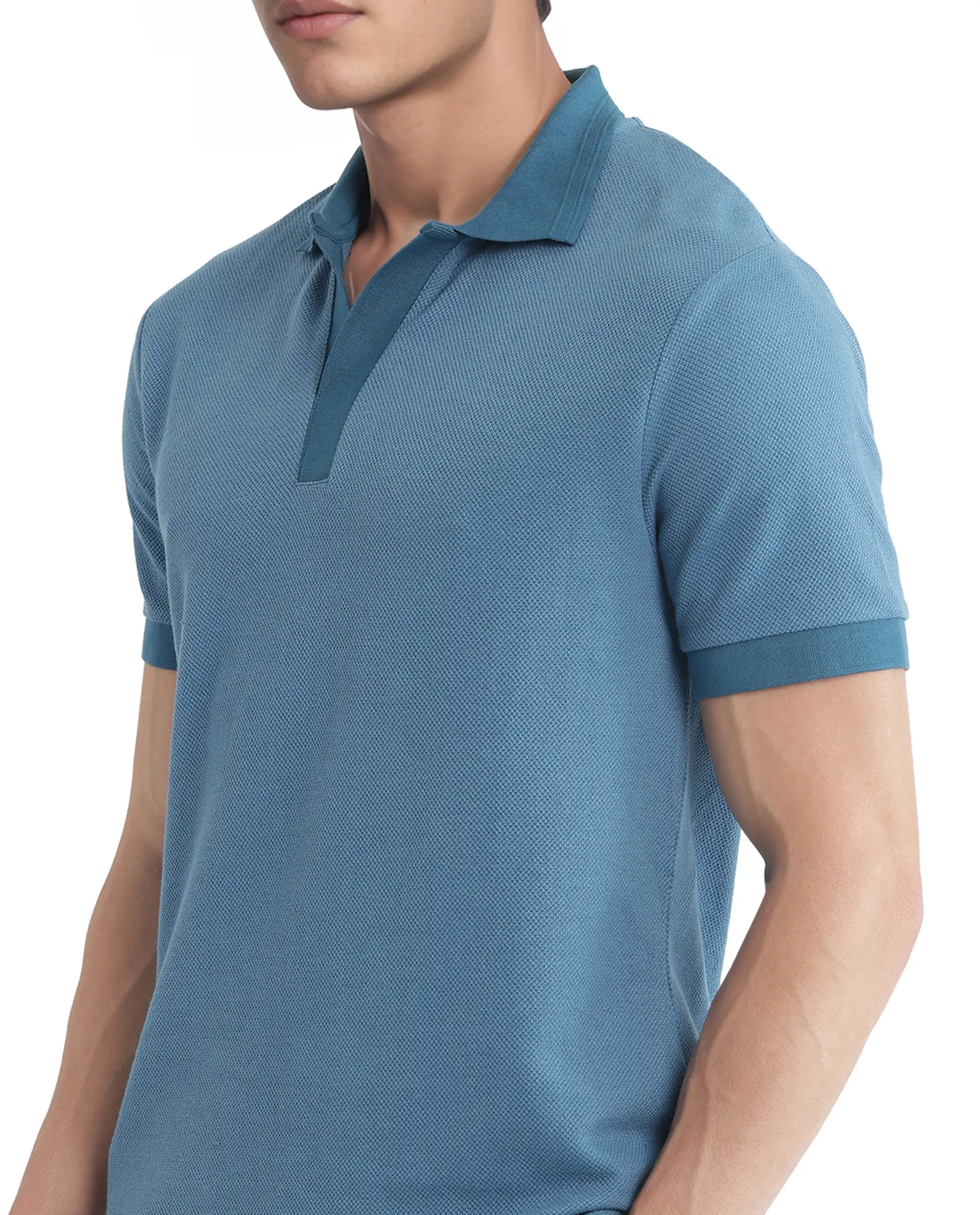 Rare Rabbit Men's Marcelon Teal Cotton Blend Jacquard Regular Fit Half Sleeve Polo - Image 4