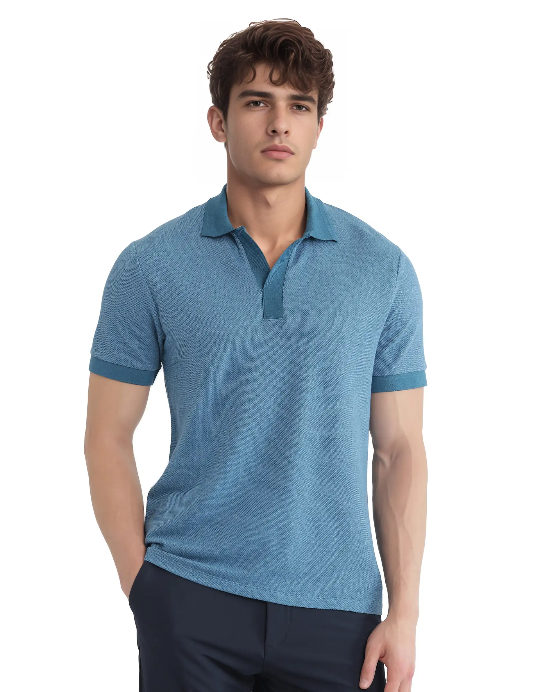 Rare Rabbit Men's Marcelon Teal Cotton Blend Jacquard Regular Fit Half Sleeve Polo - Image 5