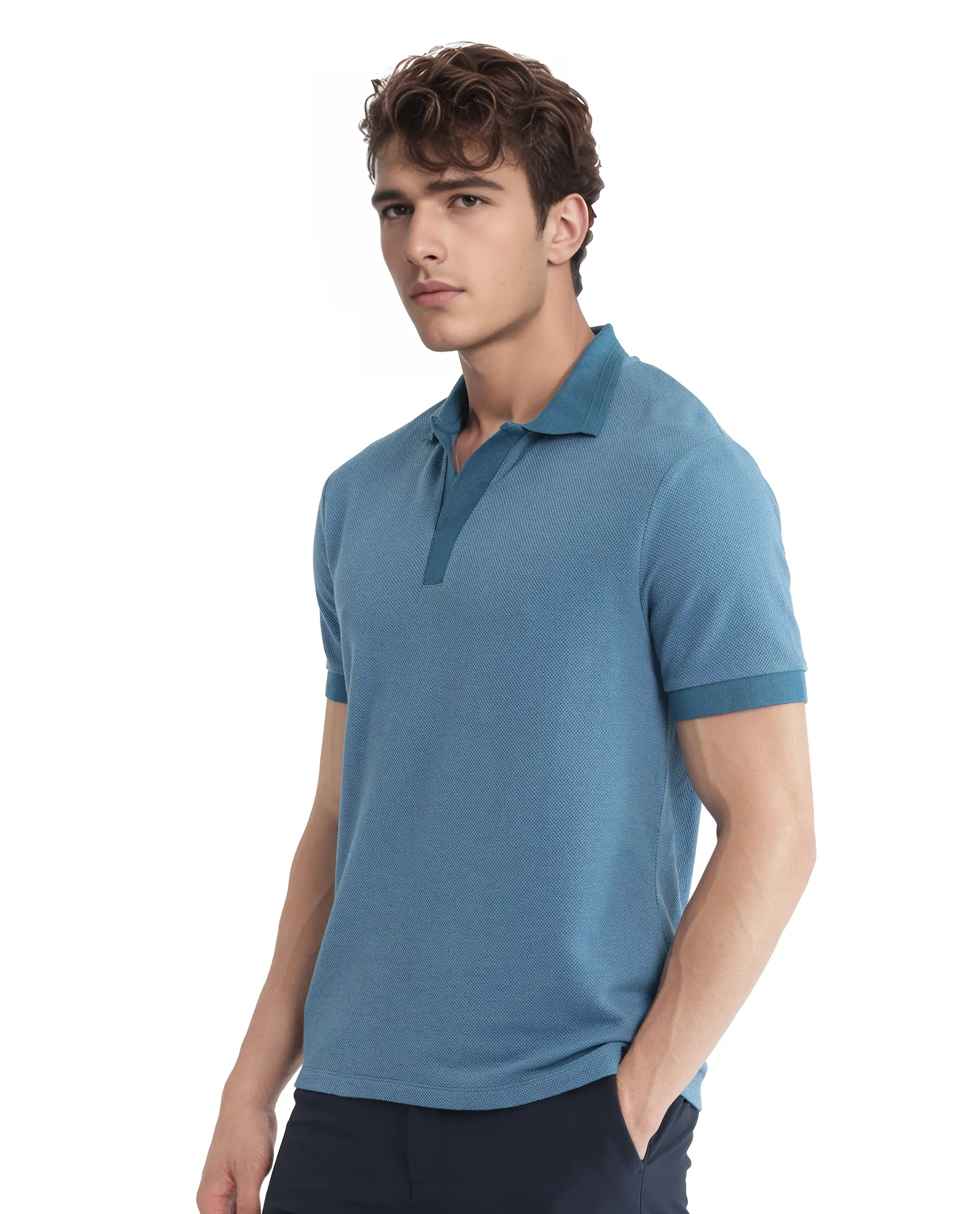 Rare Rabbit Men's Marcelon Teal Cotton Blend Jacquard Regular Fit Half Sleeve Polo - Image 6