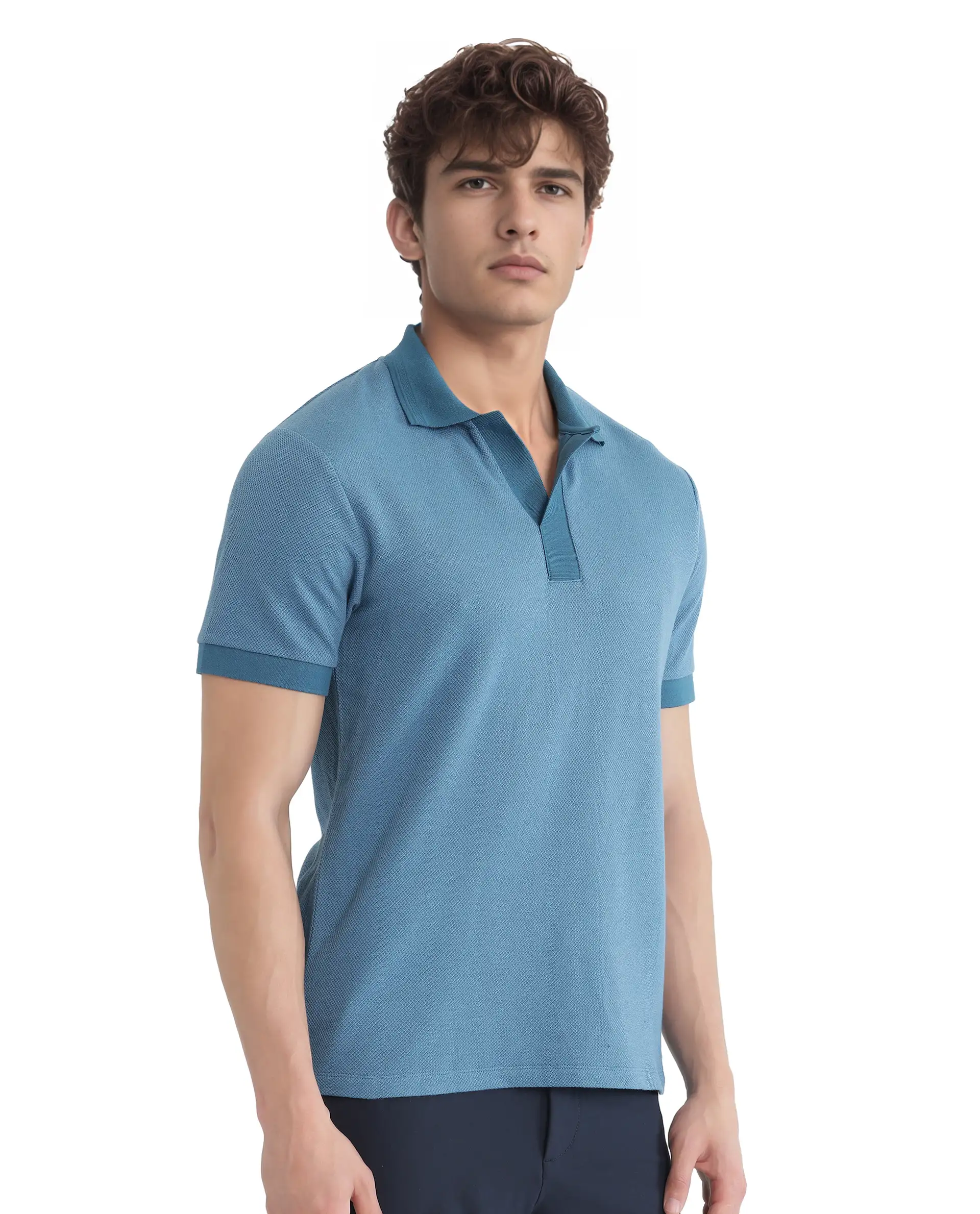 Rare Rabbit Men's Marcelon Teal Cotton Blend Jacquard Regular Fit Half Sleeve Polo - Image 7
