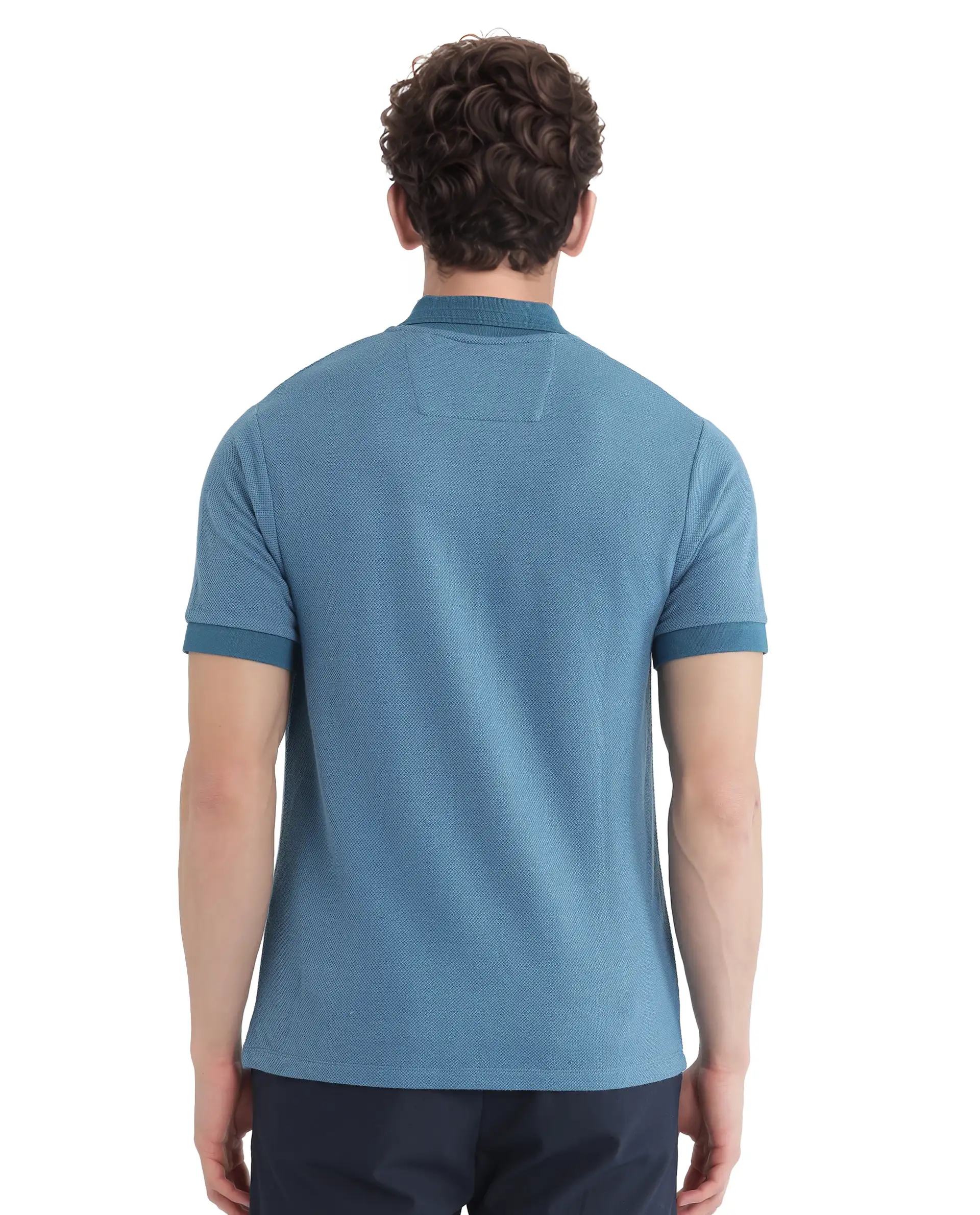 Rare Rabbit Men's Marcelon Teal Cotton Blend Jacquard Regular Fit Half Sleeve Polo - Image 8
