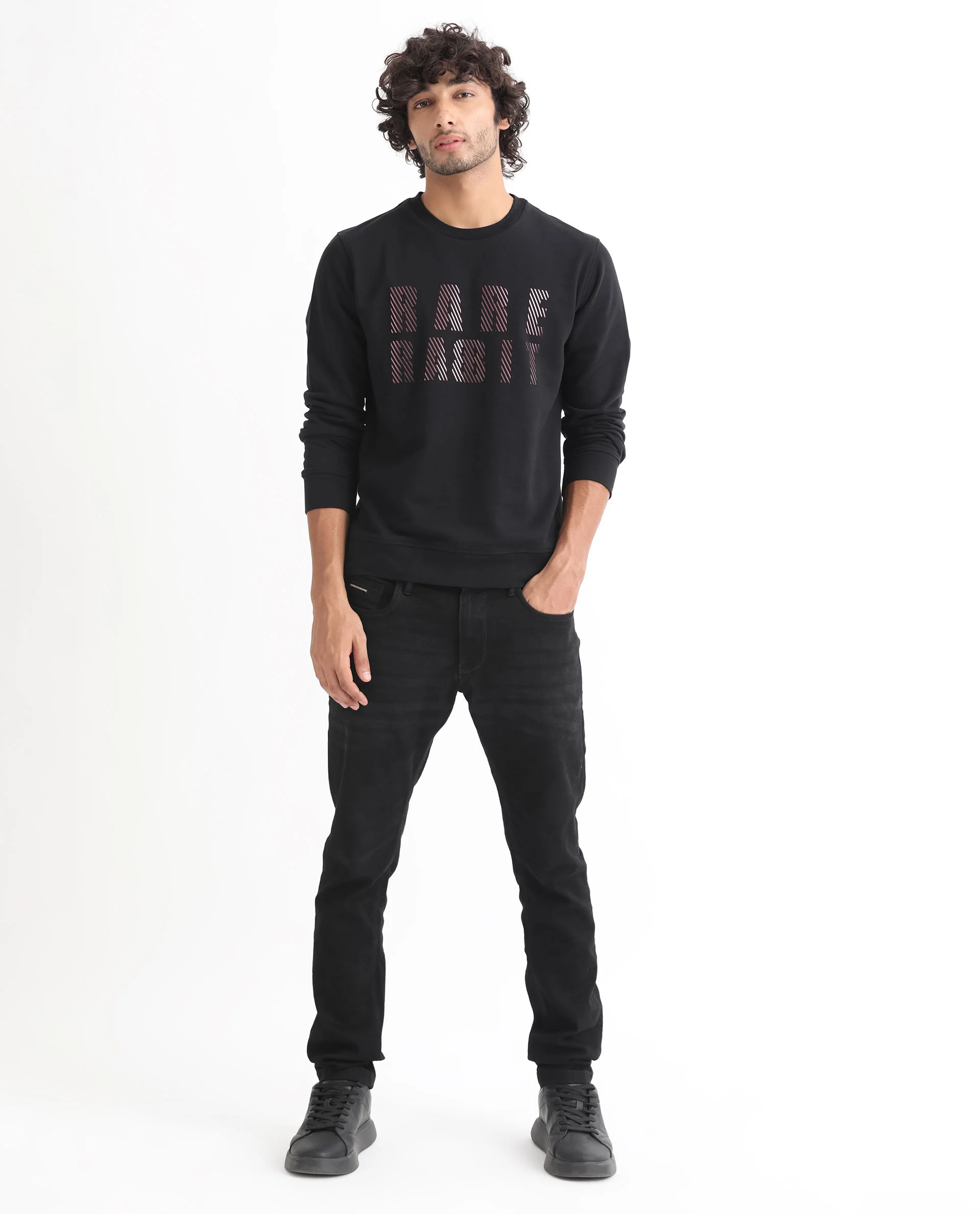 Rare Rabbit Men's Marcia Black Cotton Graphic Print Regular Fit Full Sleeve Crew Neck Sweatshirt - Image 3