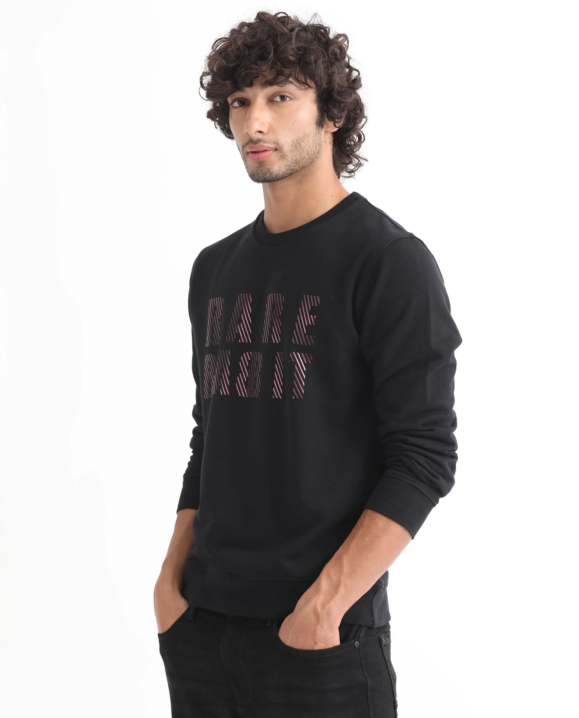 Rare Rabbit Men's Marcia Black Cotton Graphic Print Regular Fit Full Sleeve Crew Neck Sweatshirt - Image 5
