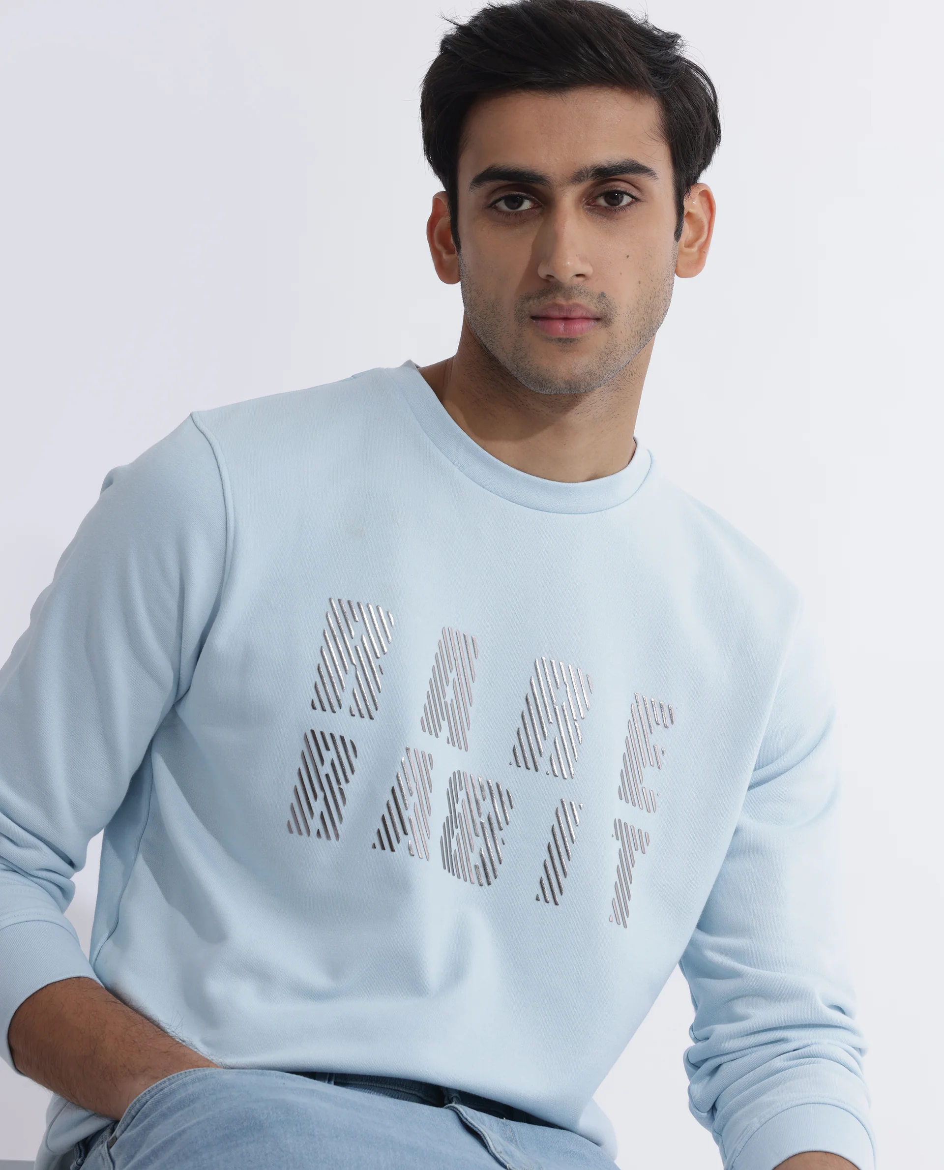 Rare Rabbit Men's Marcia Blue Cotton Graphic Print Regular Fit Full Sleeve Crew Neck Sweatshirt