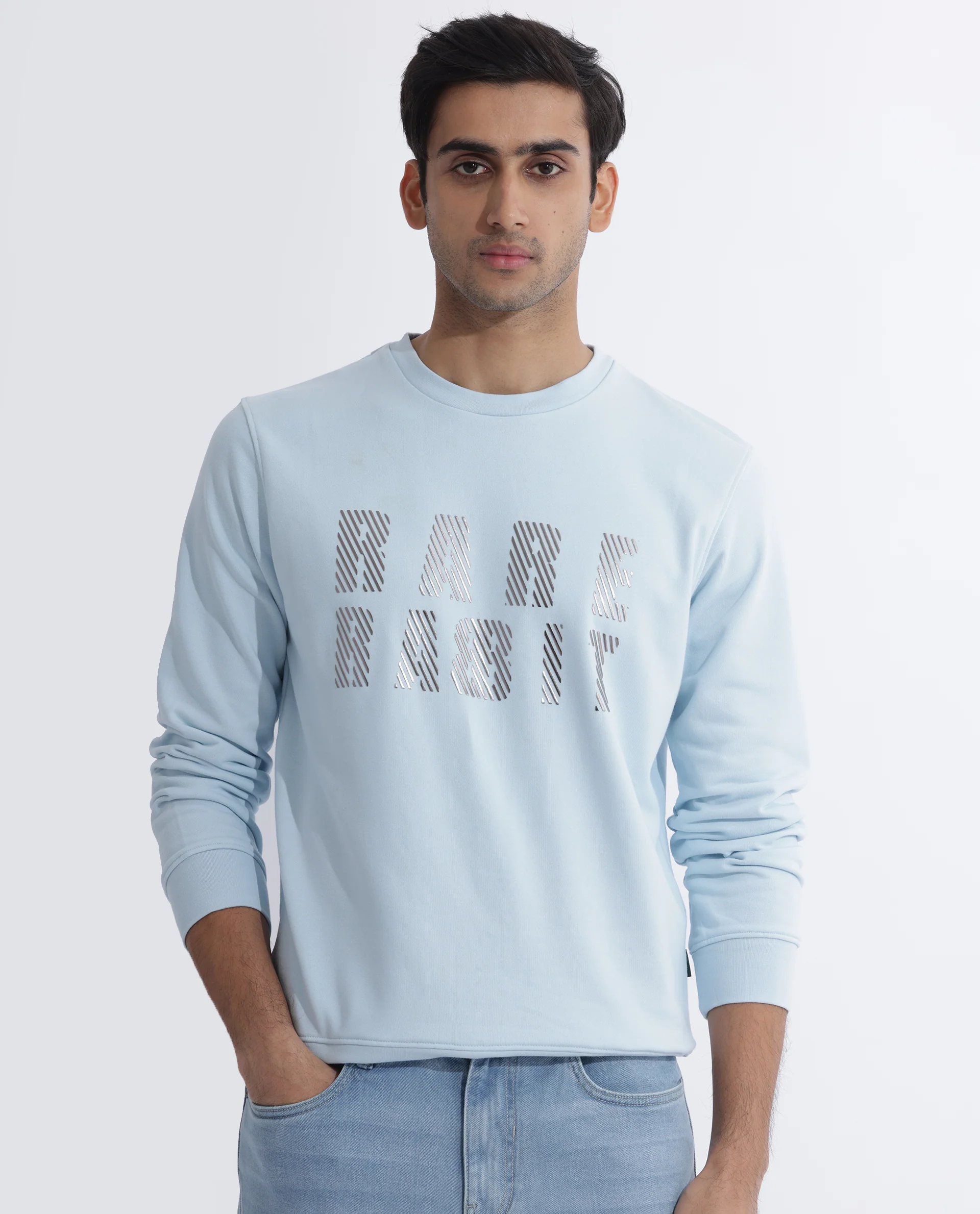 Rare Rabbit Men's Marcia Blue Cotton Graphic Print Regular Fit Full Sleeve Crew Neck Sweatshirt - Image 4