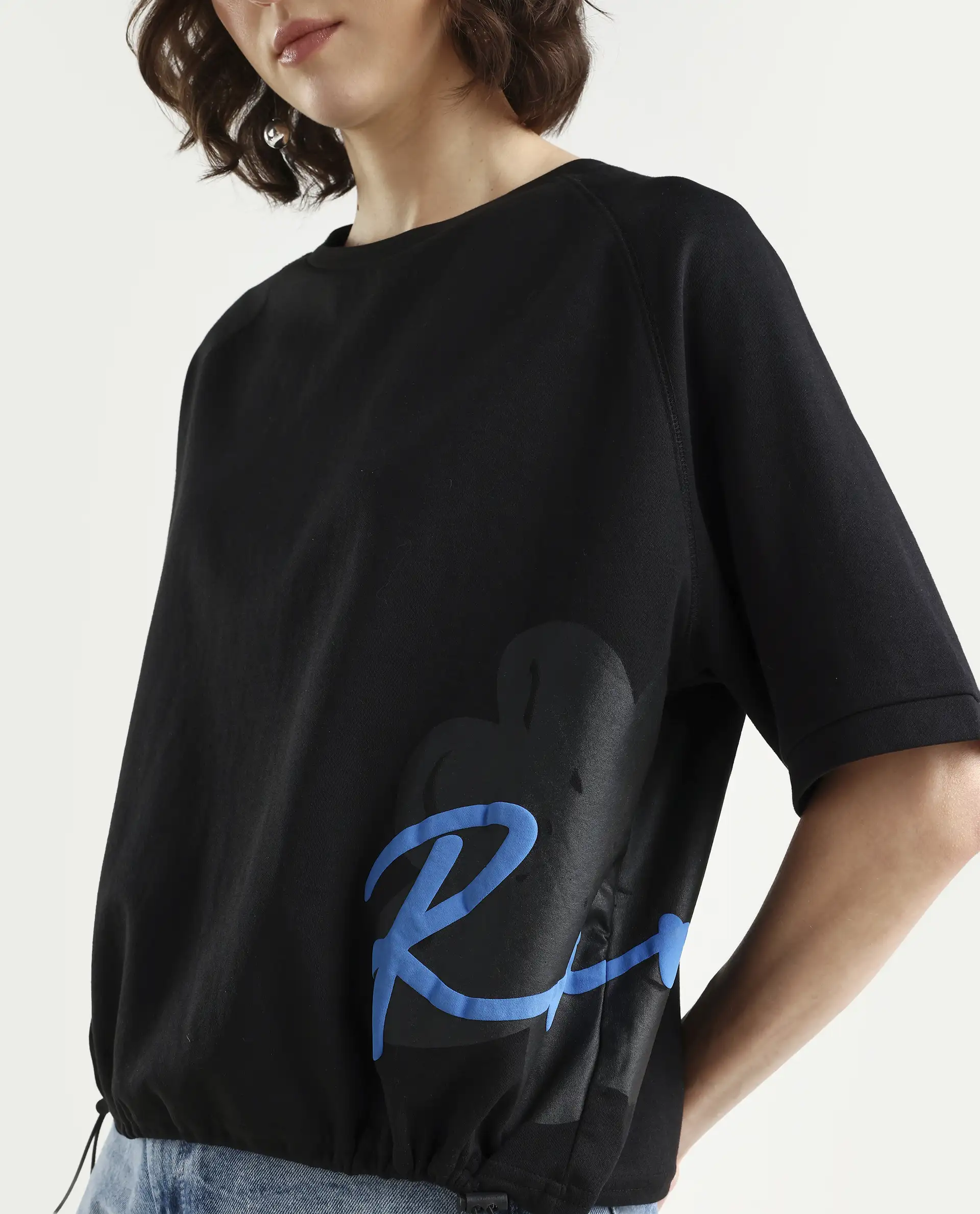 Rareism Women's Marco Black Cotton Blend Crew Neck Graphic Print Relaxed Fit T-Shirt - Image 3