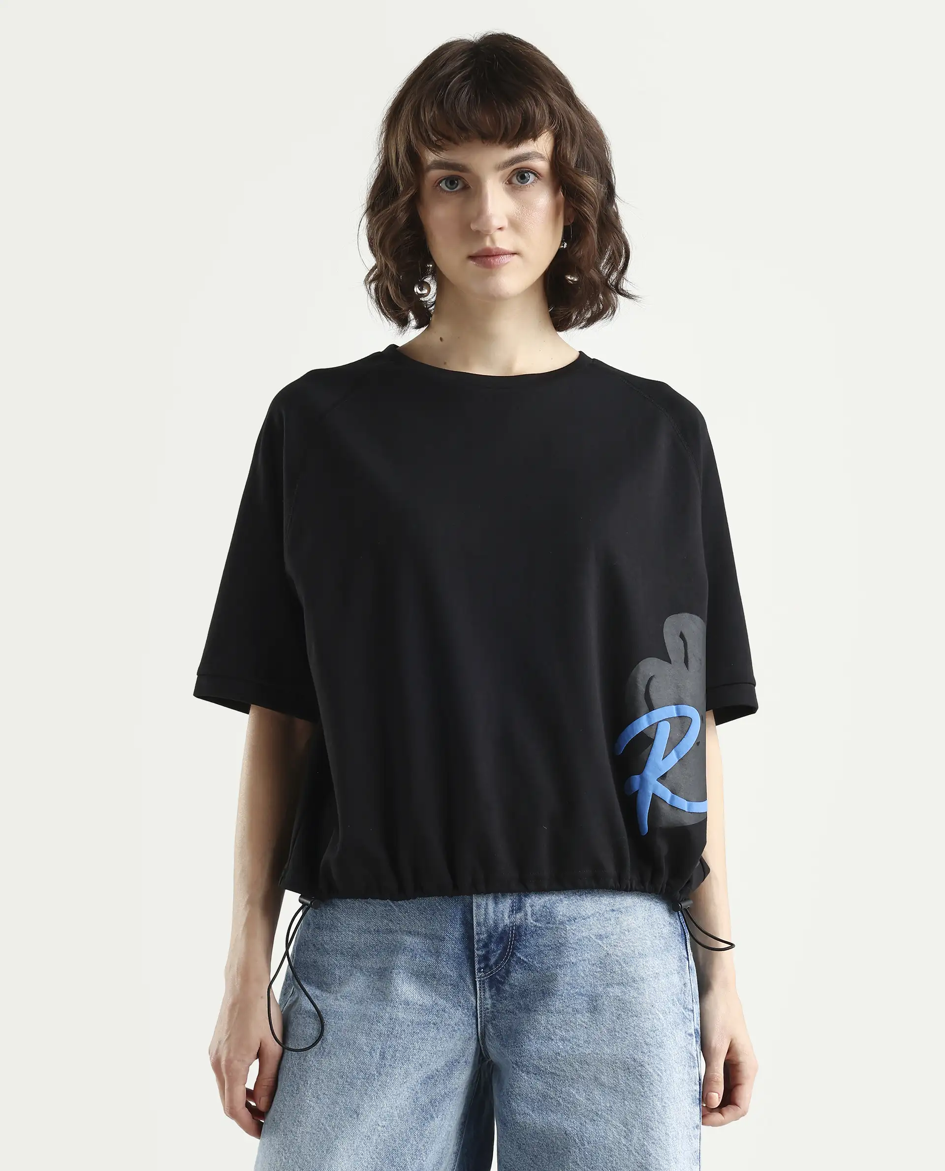 Rareism Women's Marco Black Cotton Blend Crew Neck Graphic Print Relaxed Fit T-Shirt - Image 4