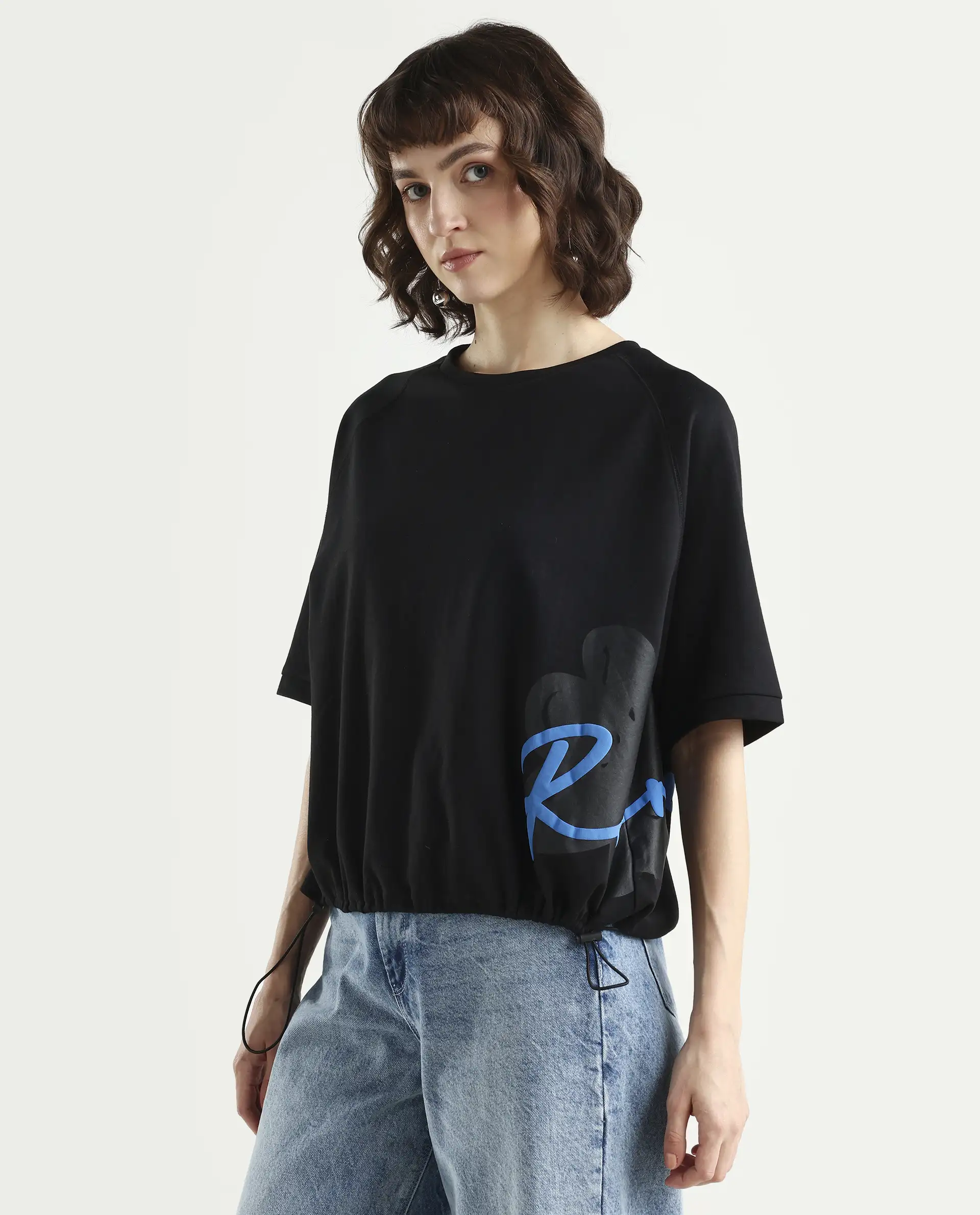 Rareism Women's Marco Black Cotton Blend Crew Neck Graphic Print Relaxed Fit T-Shirt - Image 5