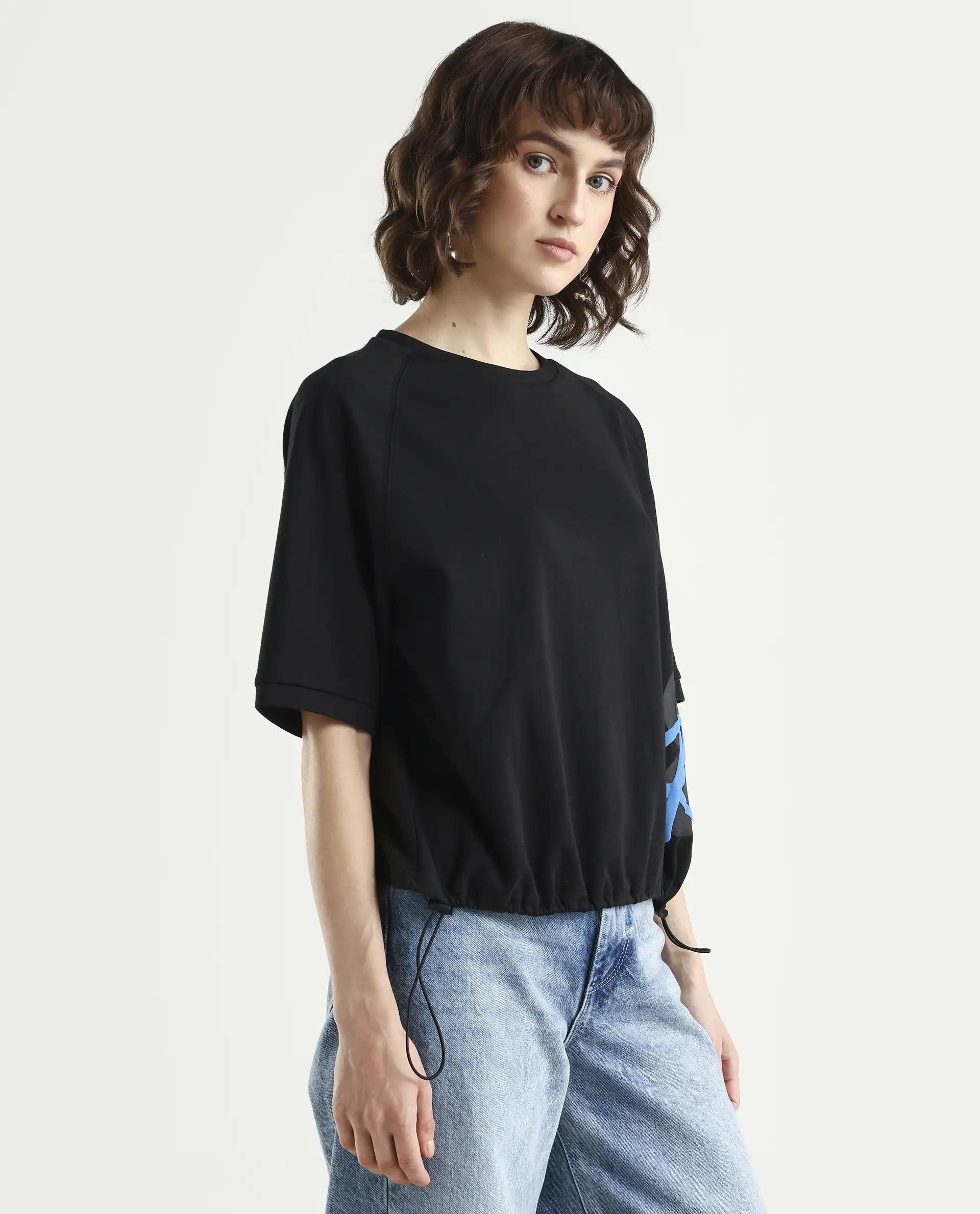 Rareism Women's Marco Black Cotton Blend Crew Neck Graphic Print Relaxed Fit T-Shirt - Image 6