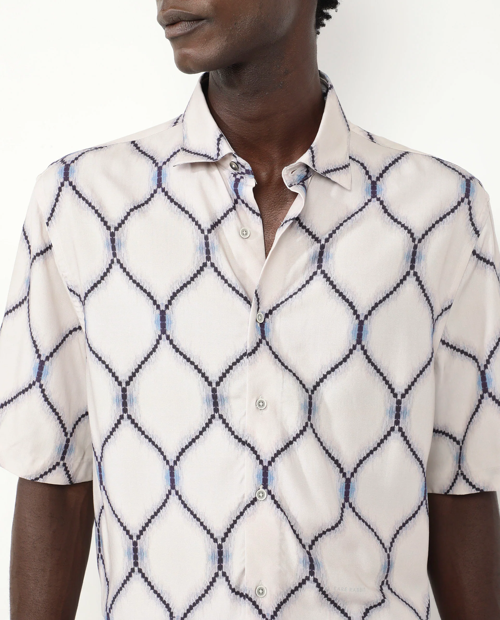 Rare Rabbit Men's Mareno Light Grey Viscose Geometric Print Regular Fit Half Sleeve Collared Shirt - Image 3