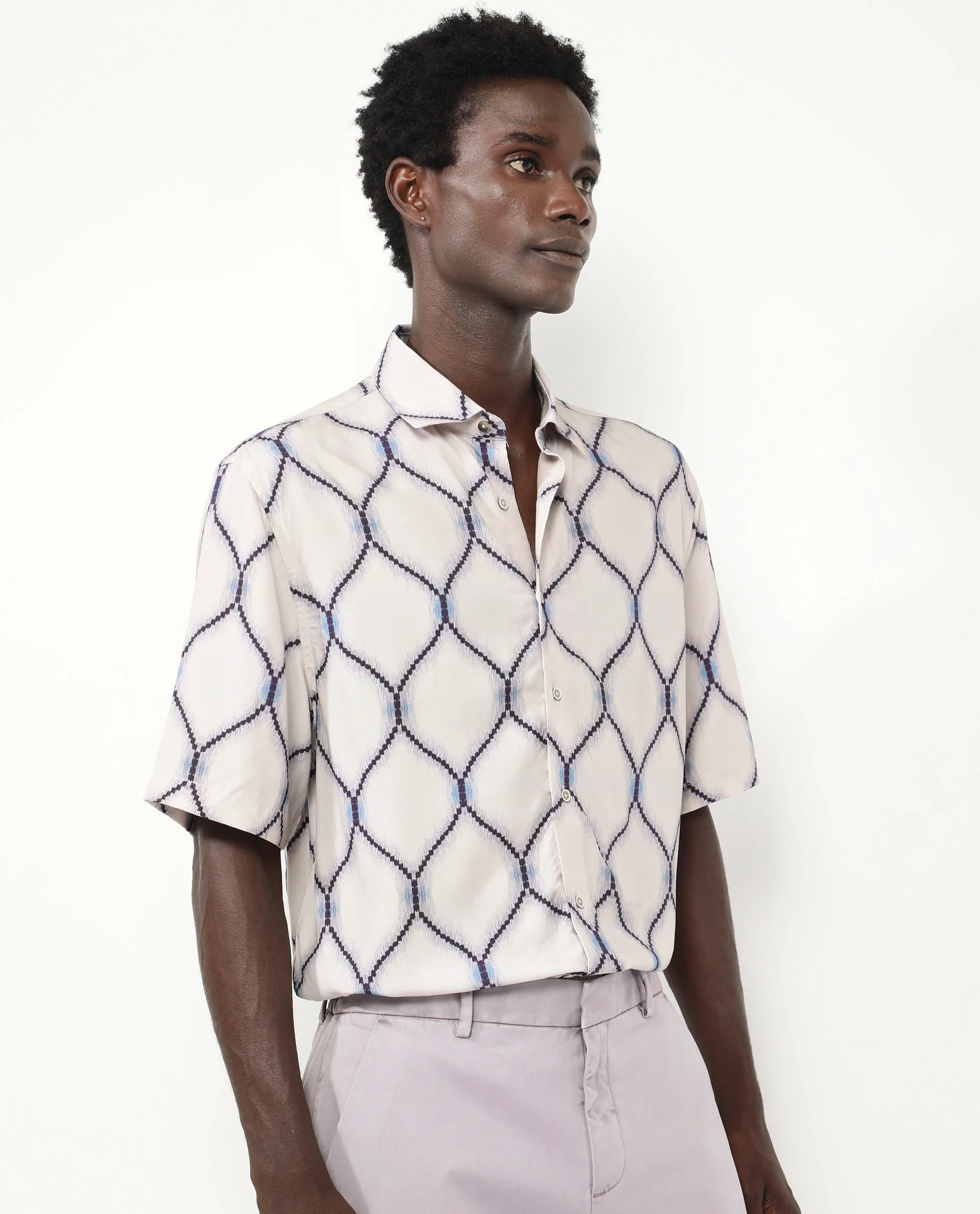 Rare Rabbit Men's Mareno Light Grey Viscose Geometric Print Regular Fit Half Sleeve Collared Shirt - Image 5