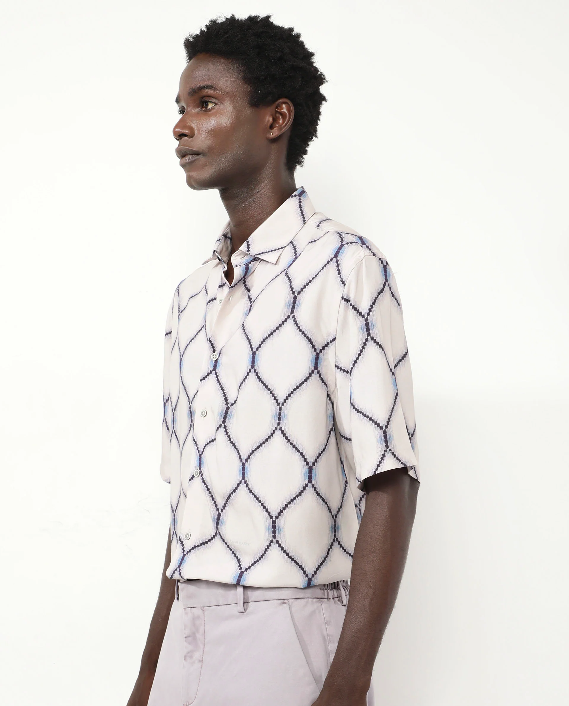 Rare Rabbit Men's Mareno Light Grey Viscose Geometric Print Regular Fit Half Sleeve Collared Shirt - Image 6