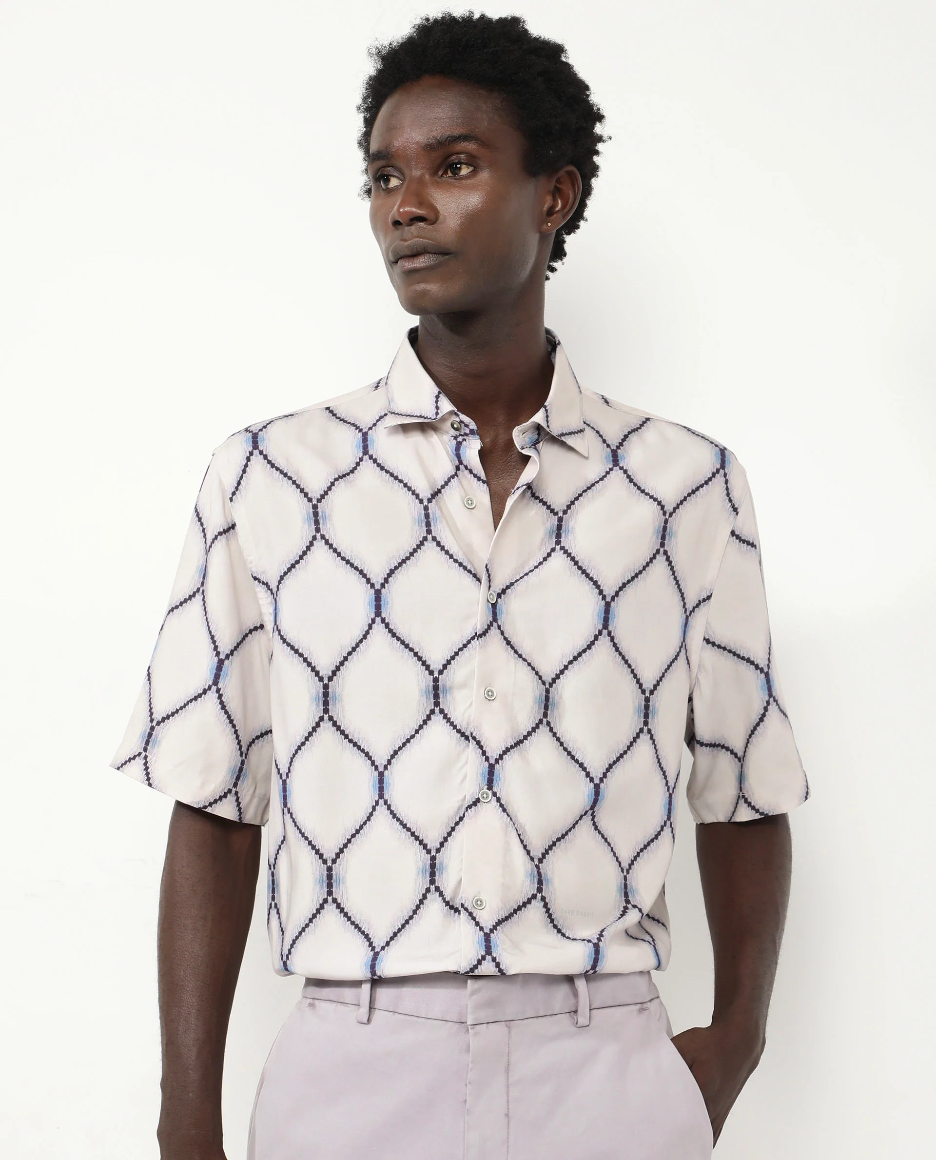 Rare Rabbit Men's Mareno Light Grey Viscose Geometric Print Regular Fit Half Sleeve Collared Shirt - Image 7