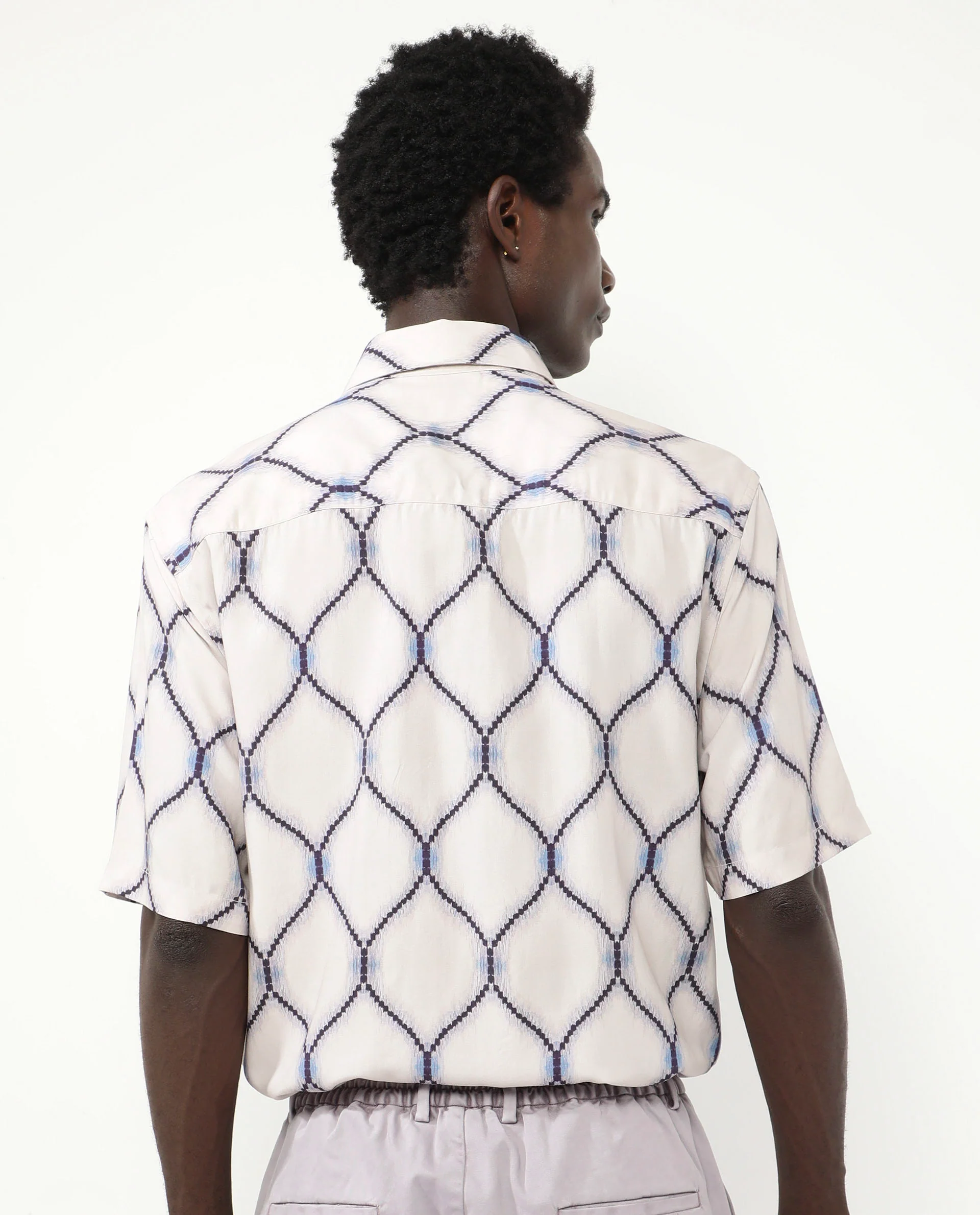 Rare Rabbit Men's Mareno Light Grey Viscose Geometric Print Regular Fit Half Sleeve Collared Shirt - Image 8