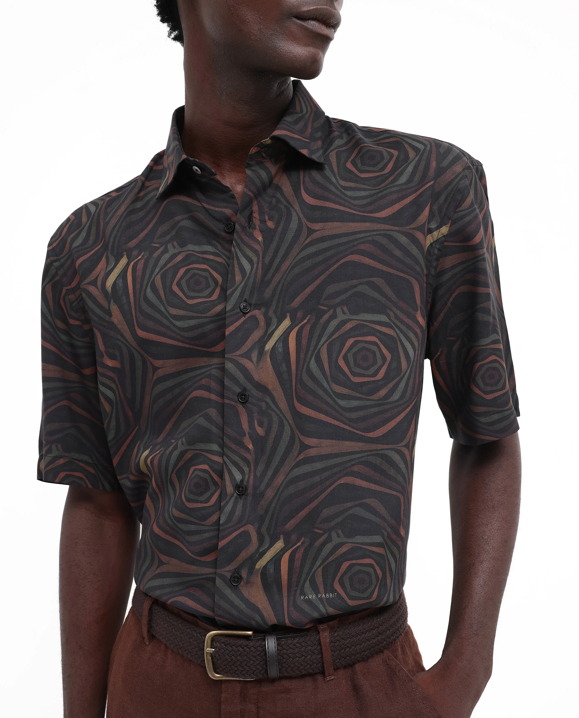 Rare Rabbit Men's Marfik Black Viscose Abstract Print Boxy Fit Half Sleeve Spread Collar Shirt - Image 4