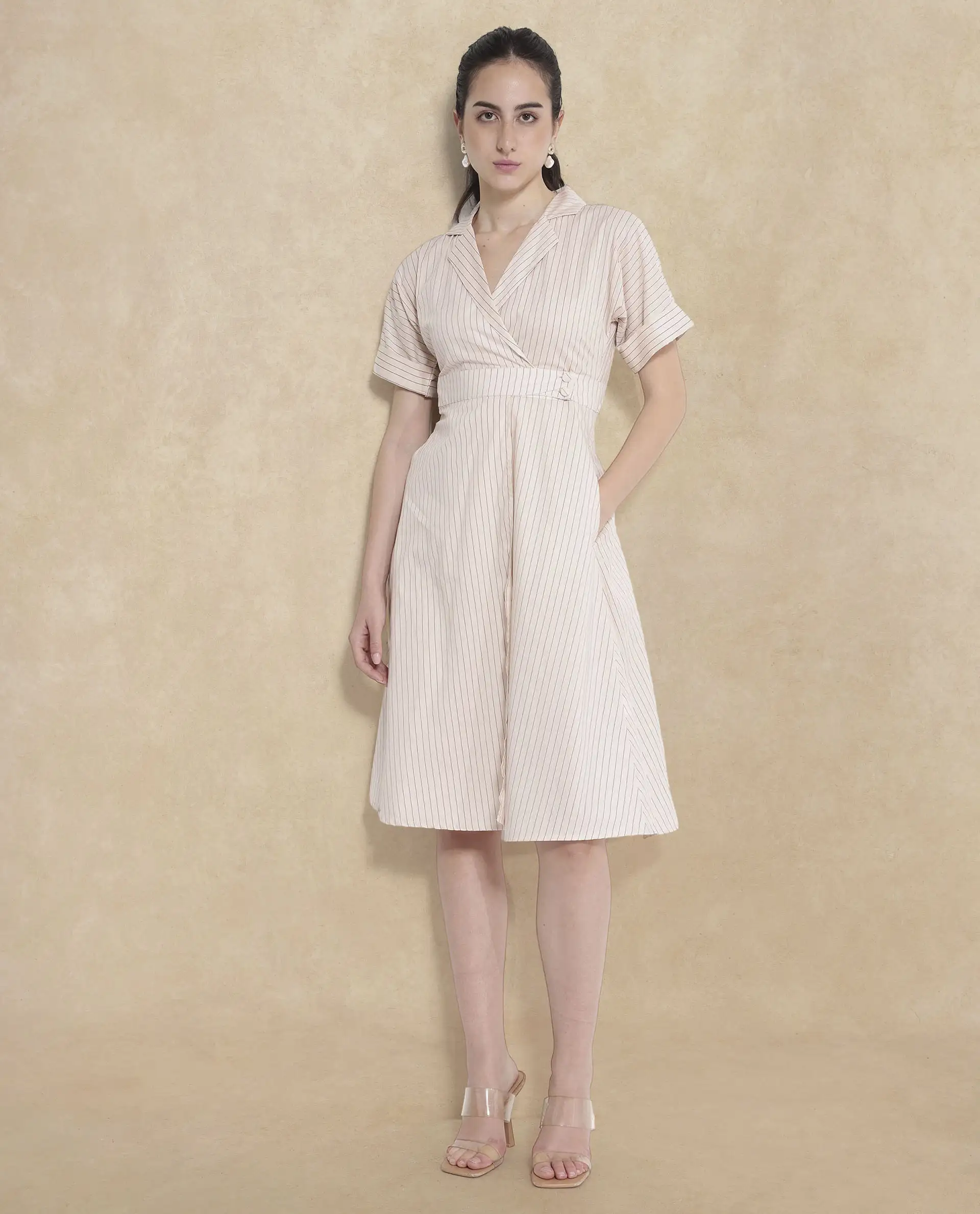 Rareism Women's Margareto Beige Cotton Blend Lapel Neck Striped Midi Fit And Flare Dress