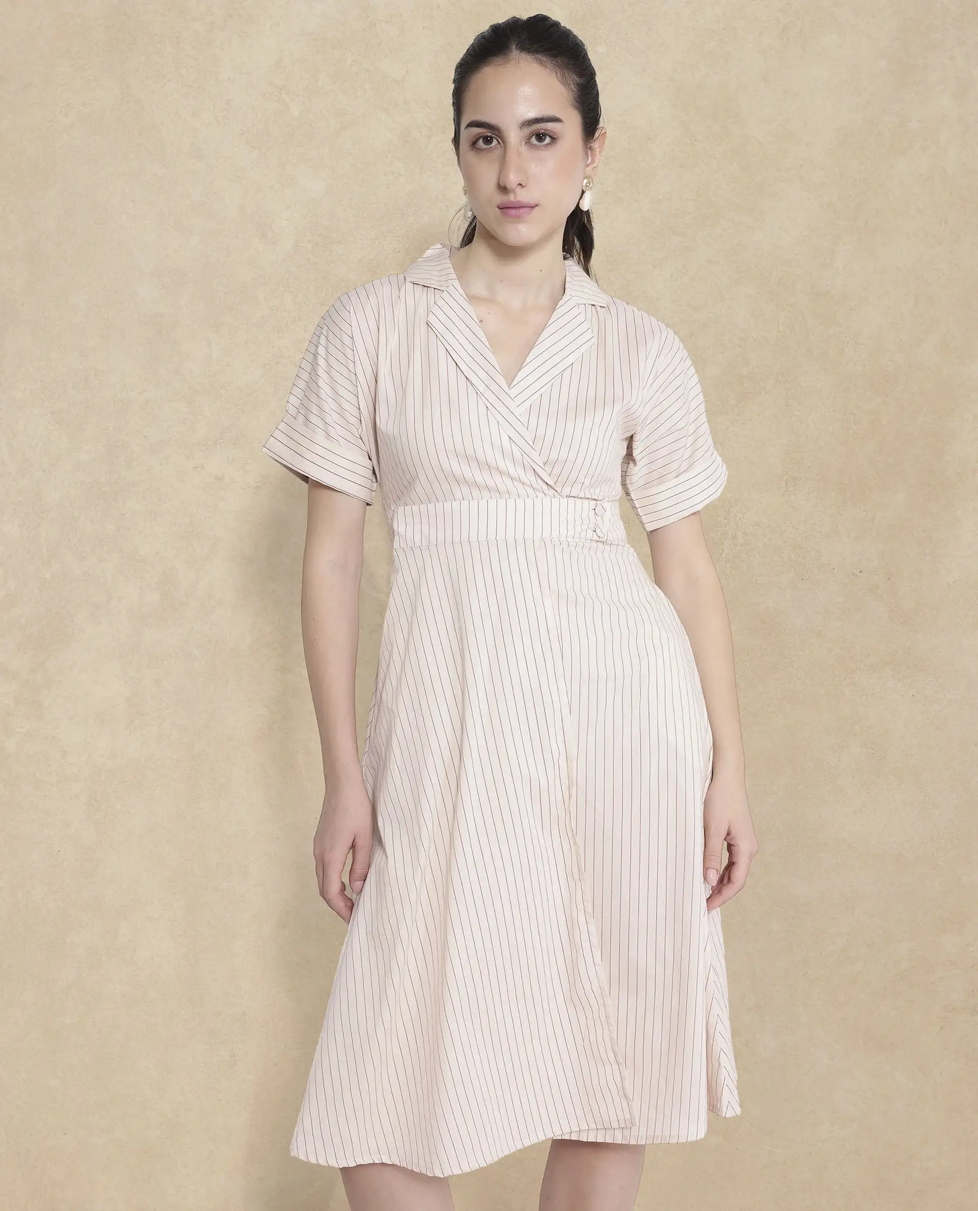 Rareism Women's Margareto Beige Cotton Blend Lapel Neck Striped Midi Fit And Flare Dress - Image 2