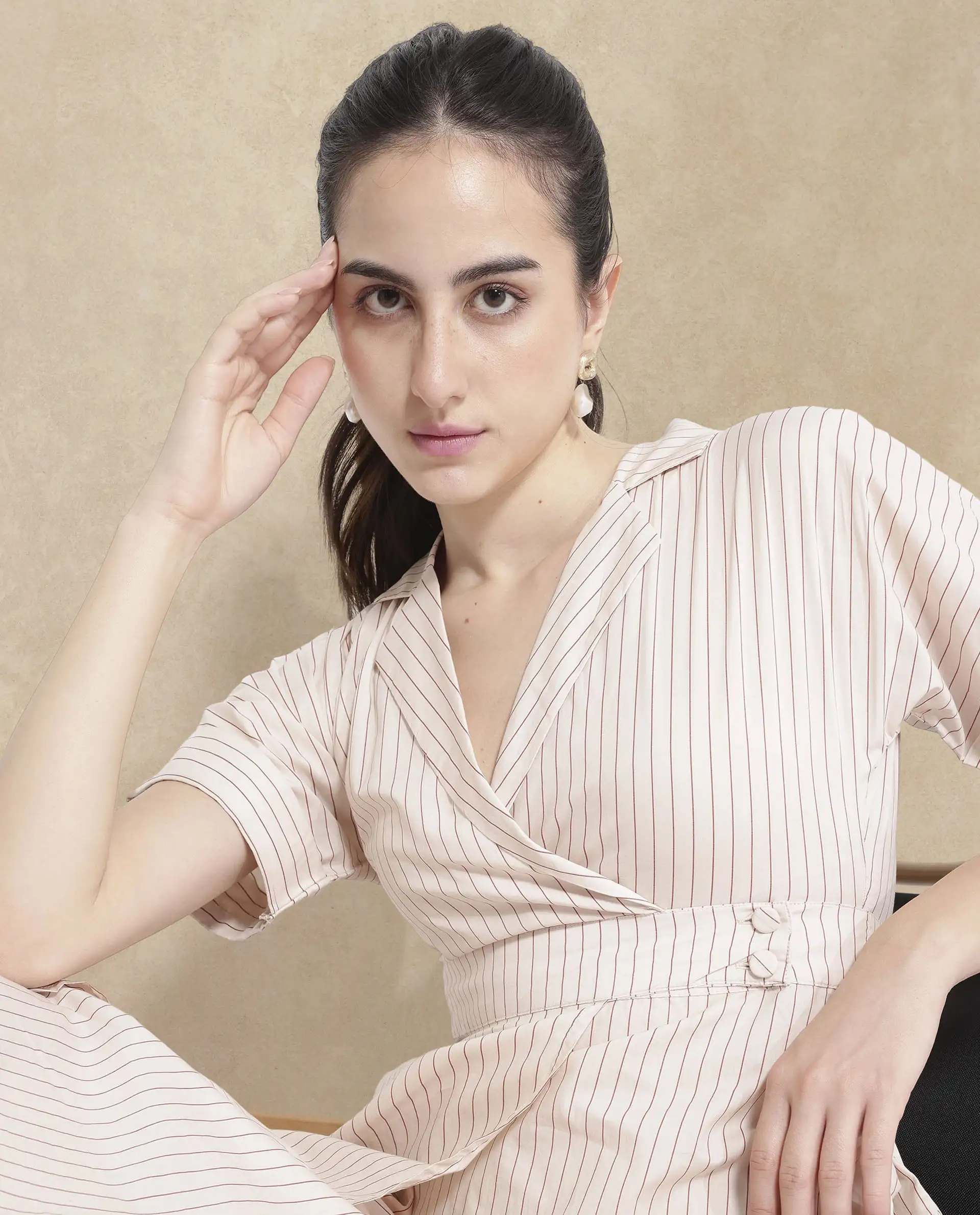 Rareism Women's Margareto Beige Cotton Blend Lapel Neck Striped Midi Fit And Flare Dress - Image 3