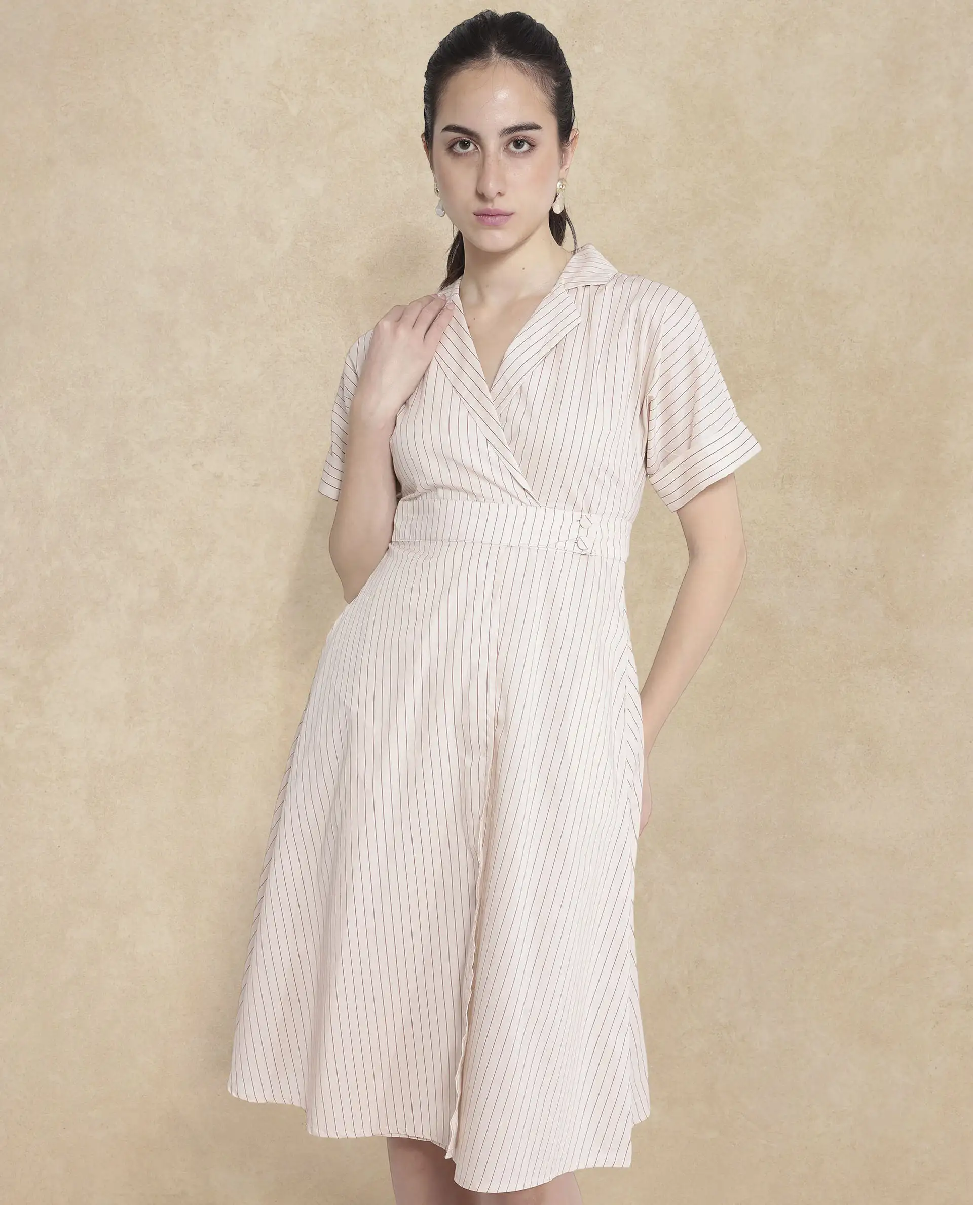 Rareism Women's Margareto Beige Cotton Blend Lapel Neck Striped Midi Fit And Flare Dress - Image 4