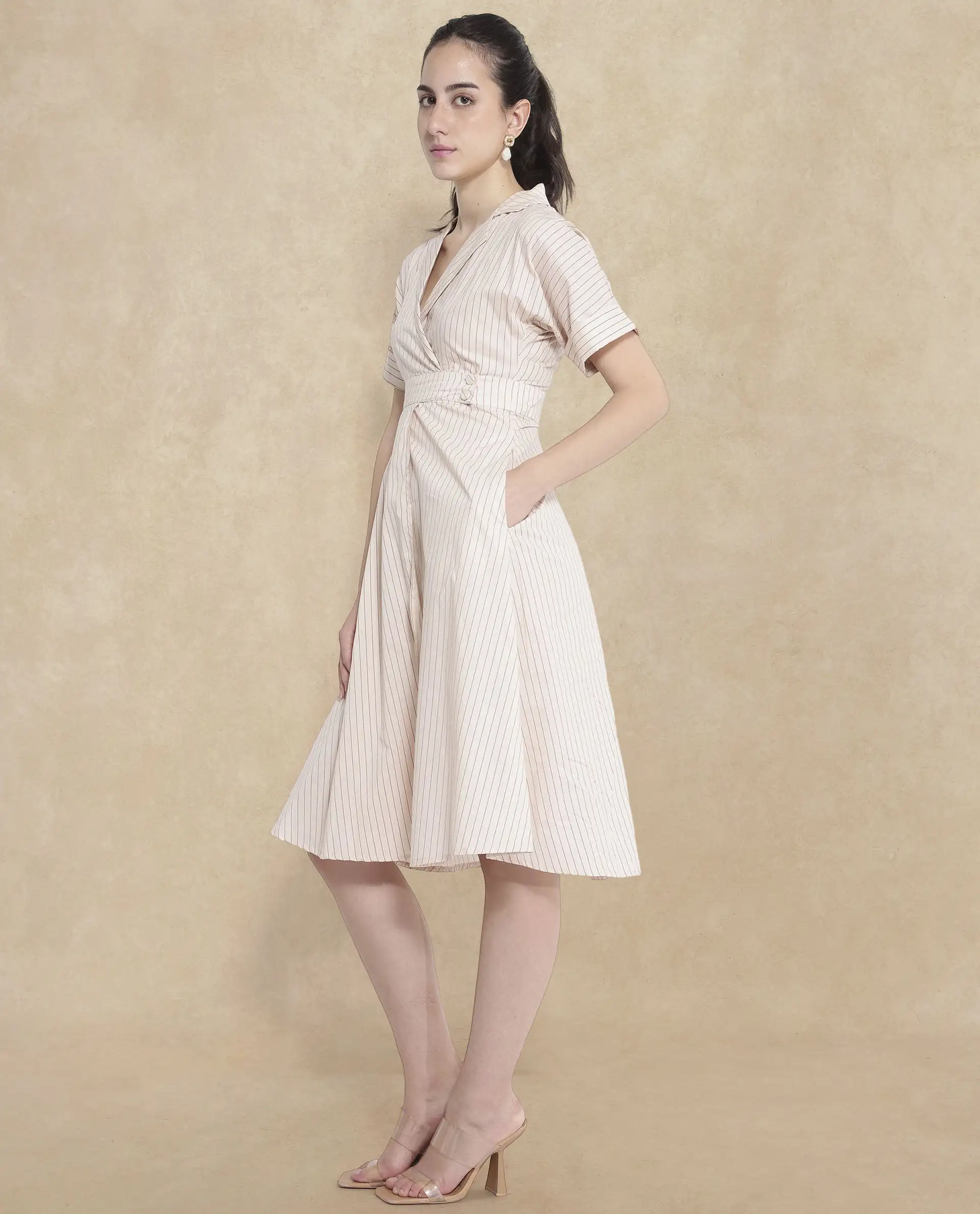 Rareism Women's Margareto Beige Cotton Blend Lapel Neck Striped Midi Fit And Flare Dress - Image 6