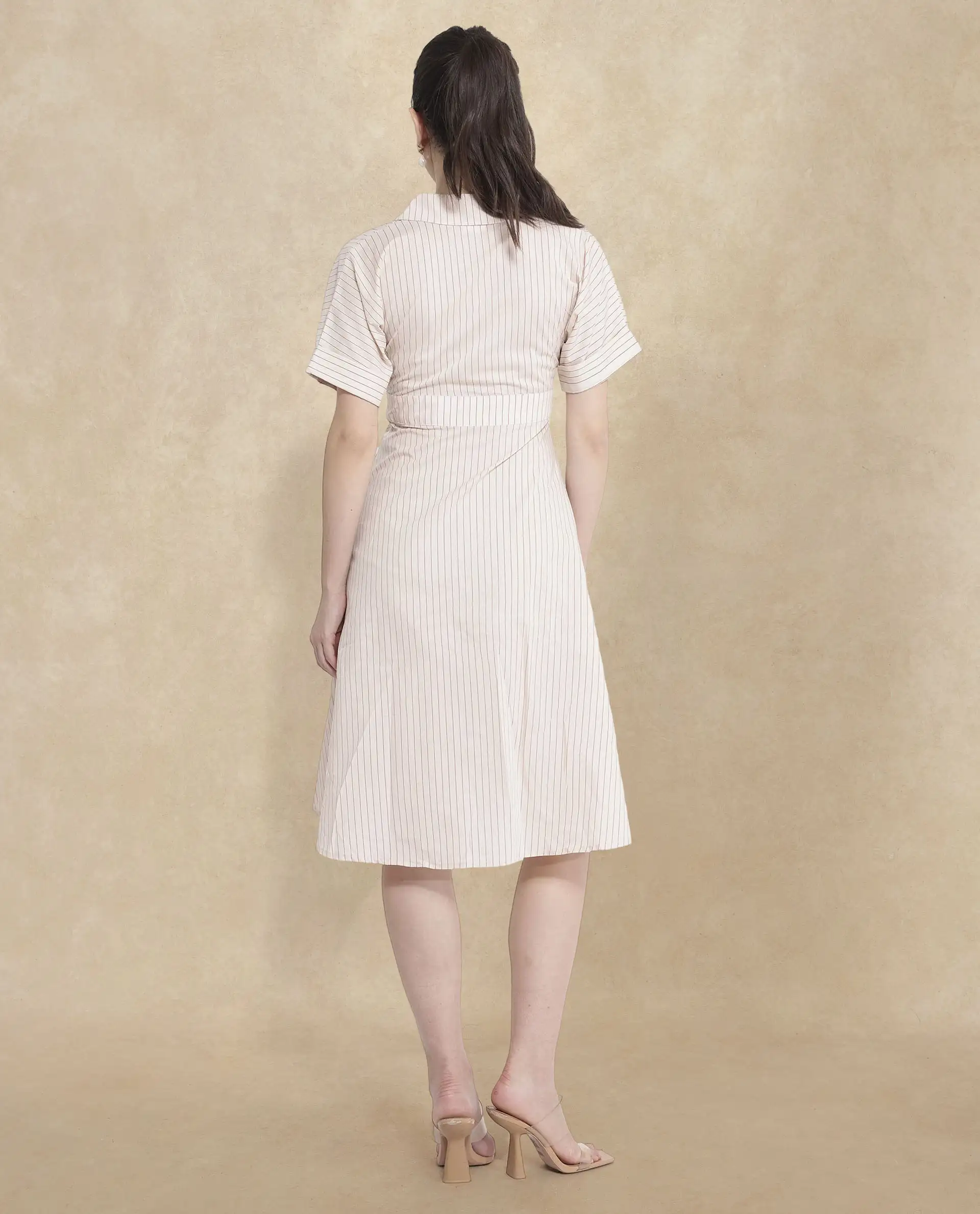 Rareism Women's Margareto Beige Cotton Blend Lapel Neck Striped Midi Fit And Flare Dress - Image 7