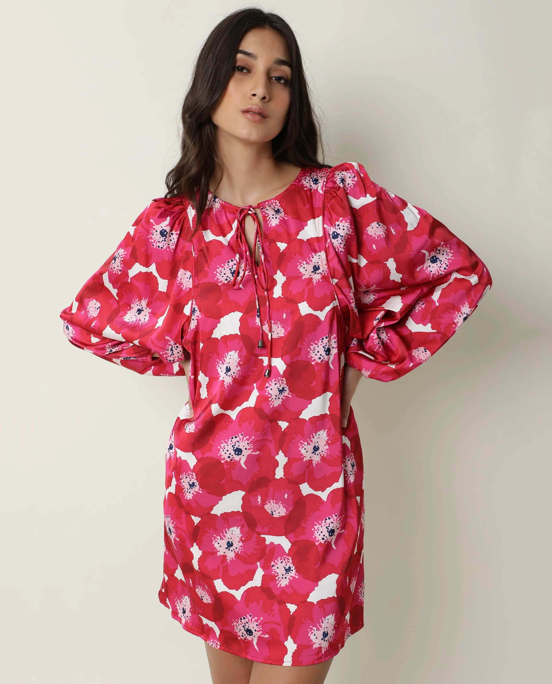 Rareism Women's Margn Red Cotton Blend Crew Neck Abstract Print Puff Sleeves Knee Length Regular Fit Dress