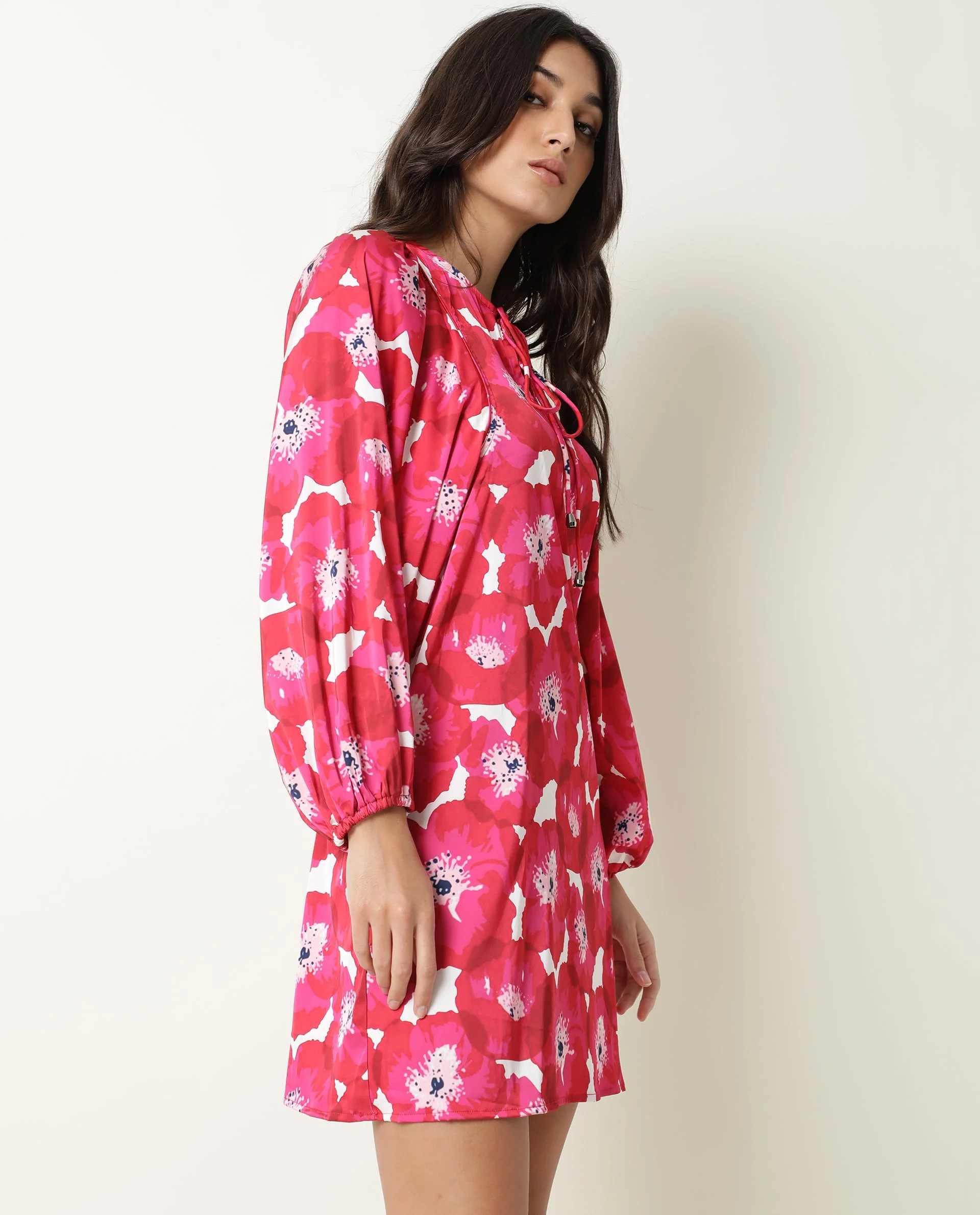 Rareism Women's Margn Red Cotton Blend Crew Neck Abstract Print Puff Sleeves Knee Length Regular Fit Dress - Image 5