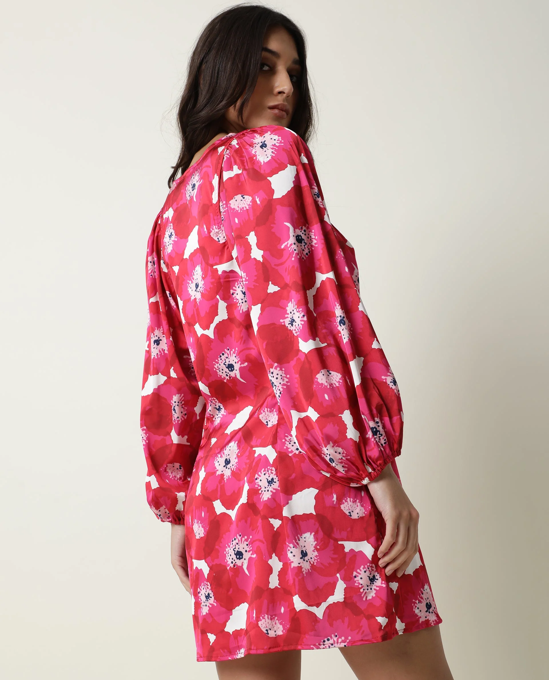 Rareism Women's Margn Red Cotton Blend Crew Neck Abstract Print Puff Sleeves Knee Length Regular Fit Dress - Image 6