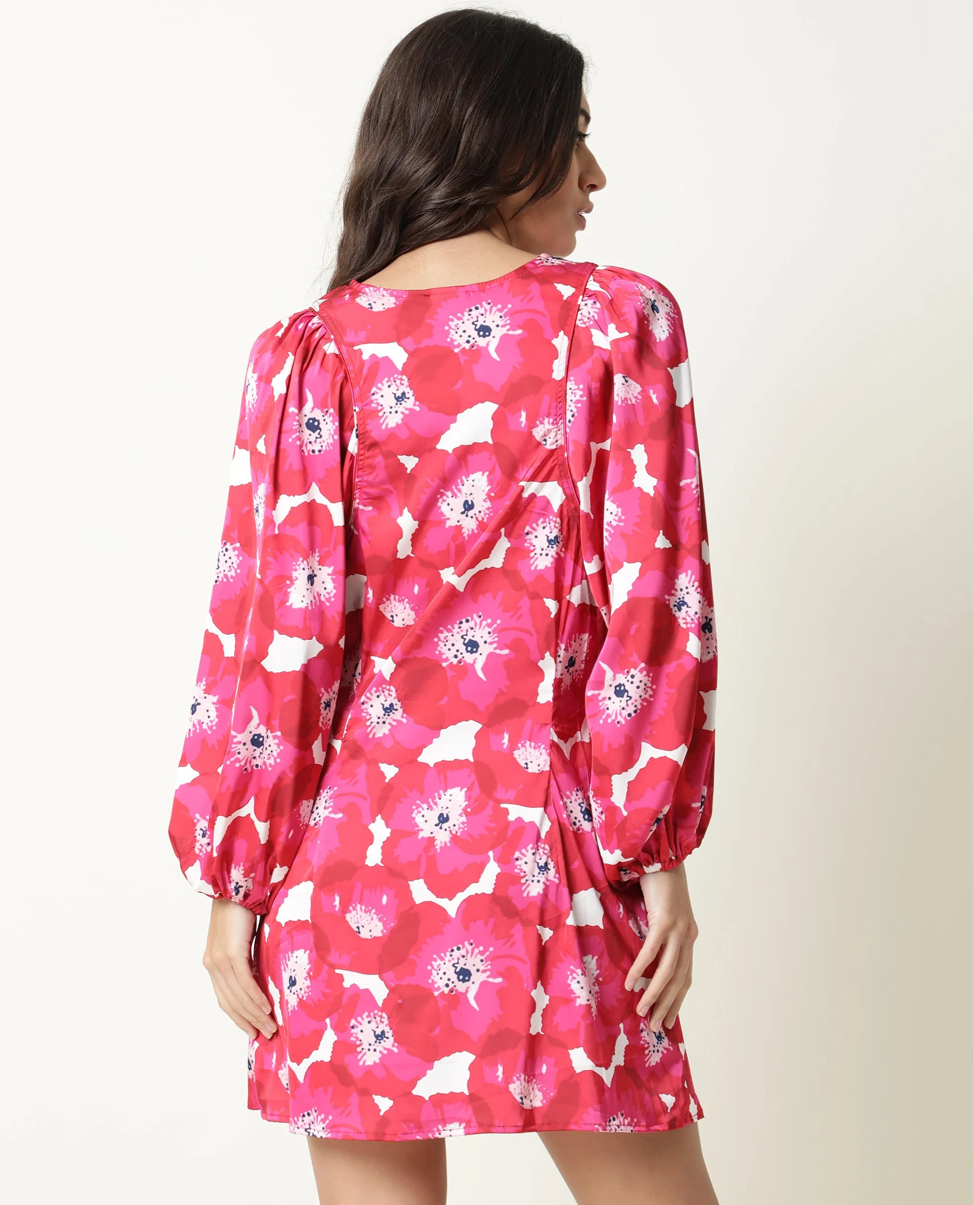 Rareism Women's Margn Red Cotton Blend Crew Neck Abstract Print Puff Sleeves Knee Length Regular Fit Dress - Image 7