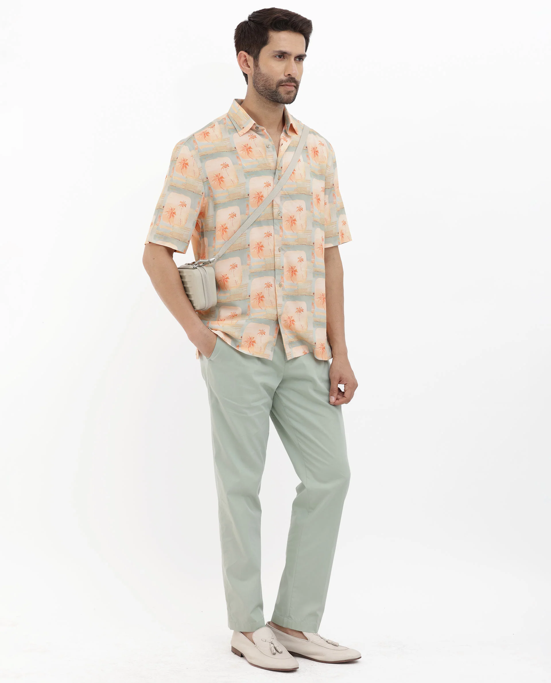 Rare Rabbit Men's Margon Light Peach Viscose Tropical Print Boxy Fit Half Sleeve Spread Collar Shirt - Image 2