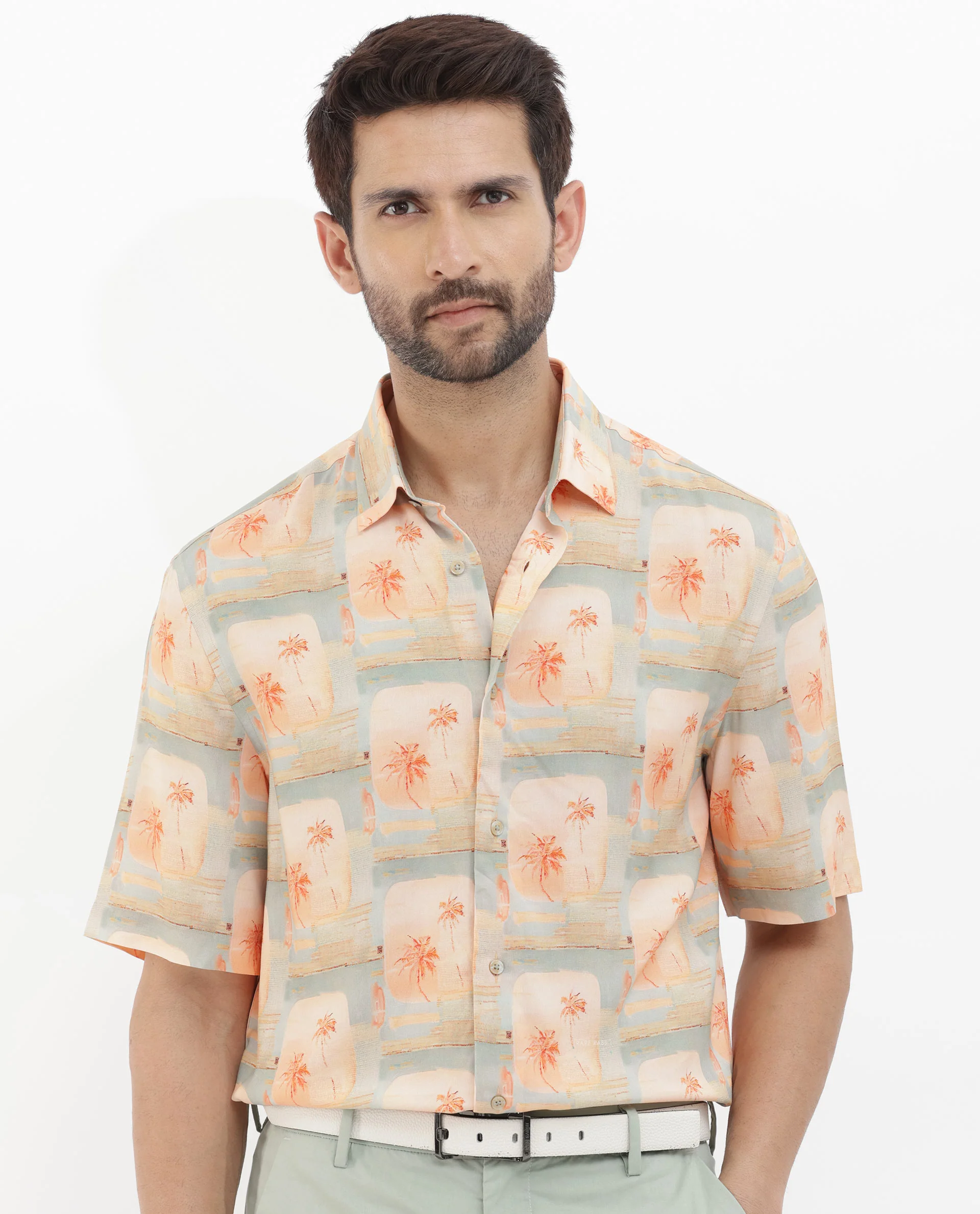 Rare Rabbit Men's Margon Light Peach Viscose Tropical Print Boxy Fit Half Sleeve Spread Collar Shirt - Image 3