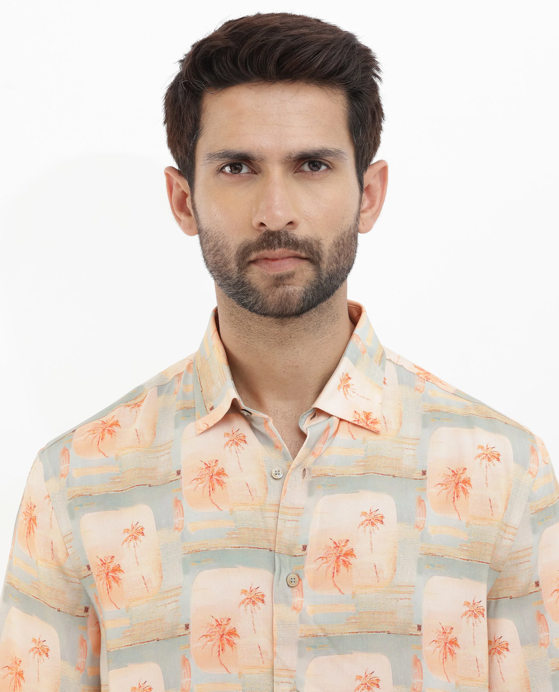 Rare Rabbit Men's Margon Light Peach Viscose Tropical Print Boxy Fit Half Sleeve Spread Collar Shirt - Image 4