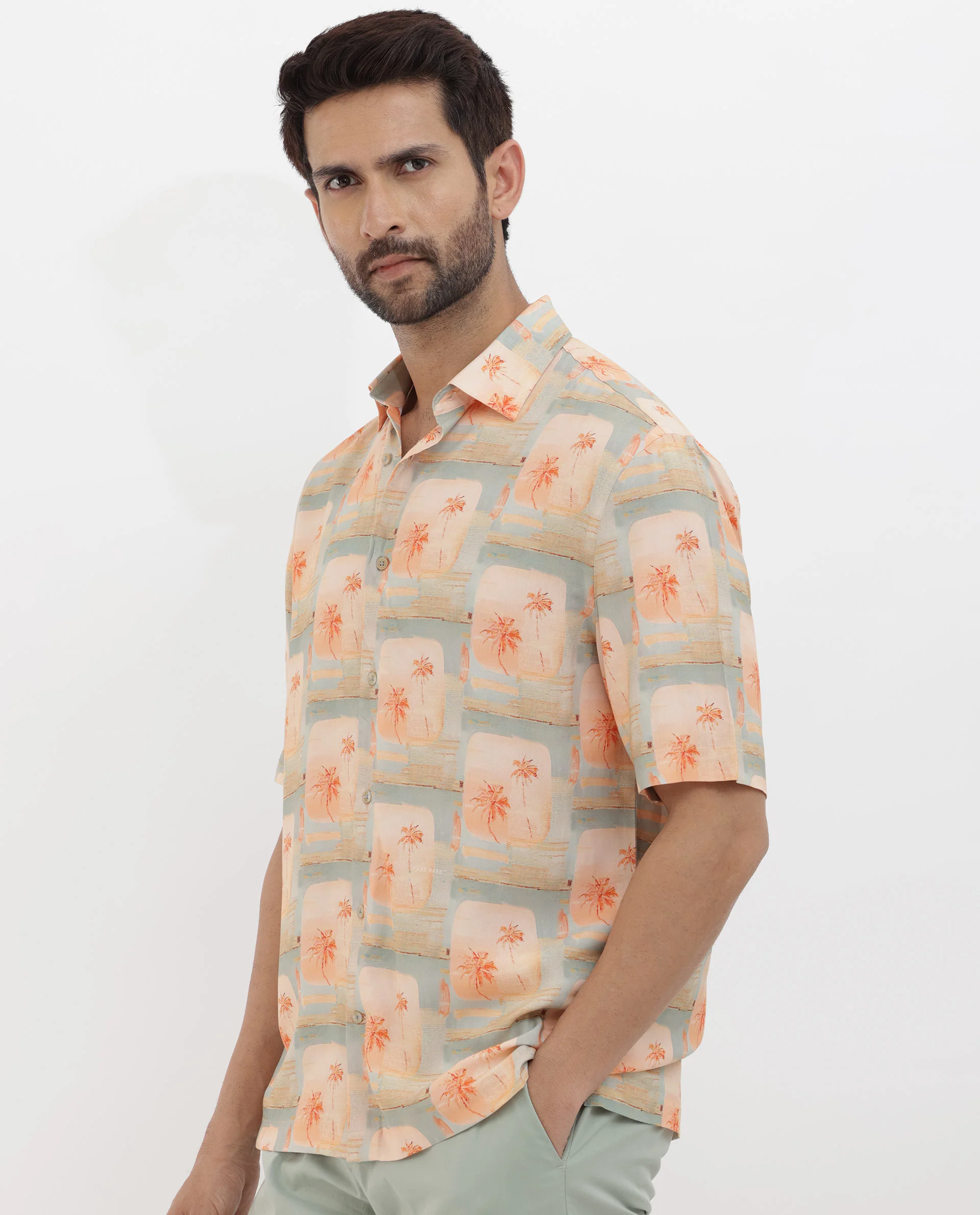 Rare Rabbit Men's Margon Light Peach Viscose Tropical Print Boxy Fit Half Sleeve Spread Collar Shirt - Image 6