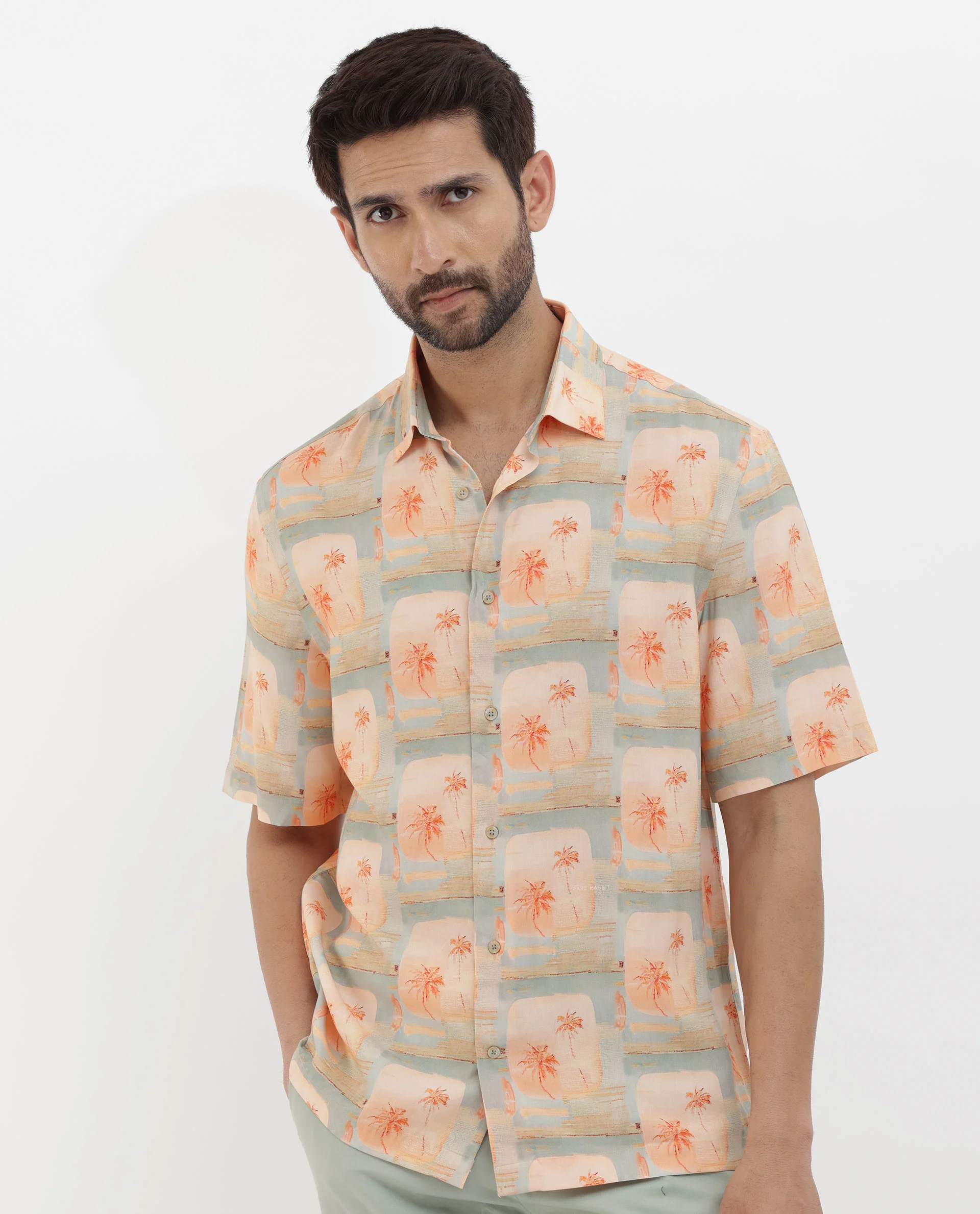 Rare Rabbit Men's Margon Light Peach Viscose Tropical Print Boxy Fit Half Sleeve Spread Collar Shirt - Image 7
