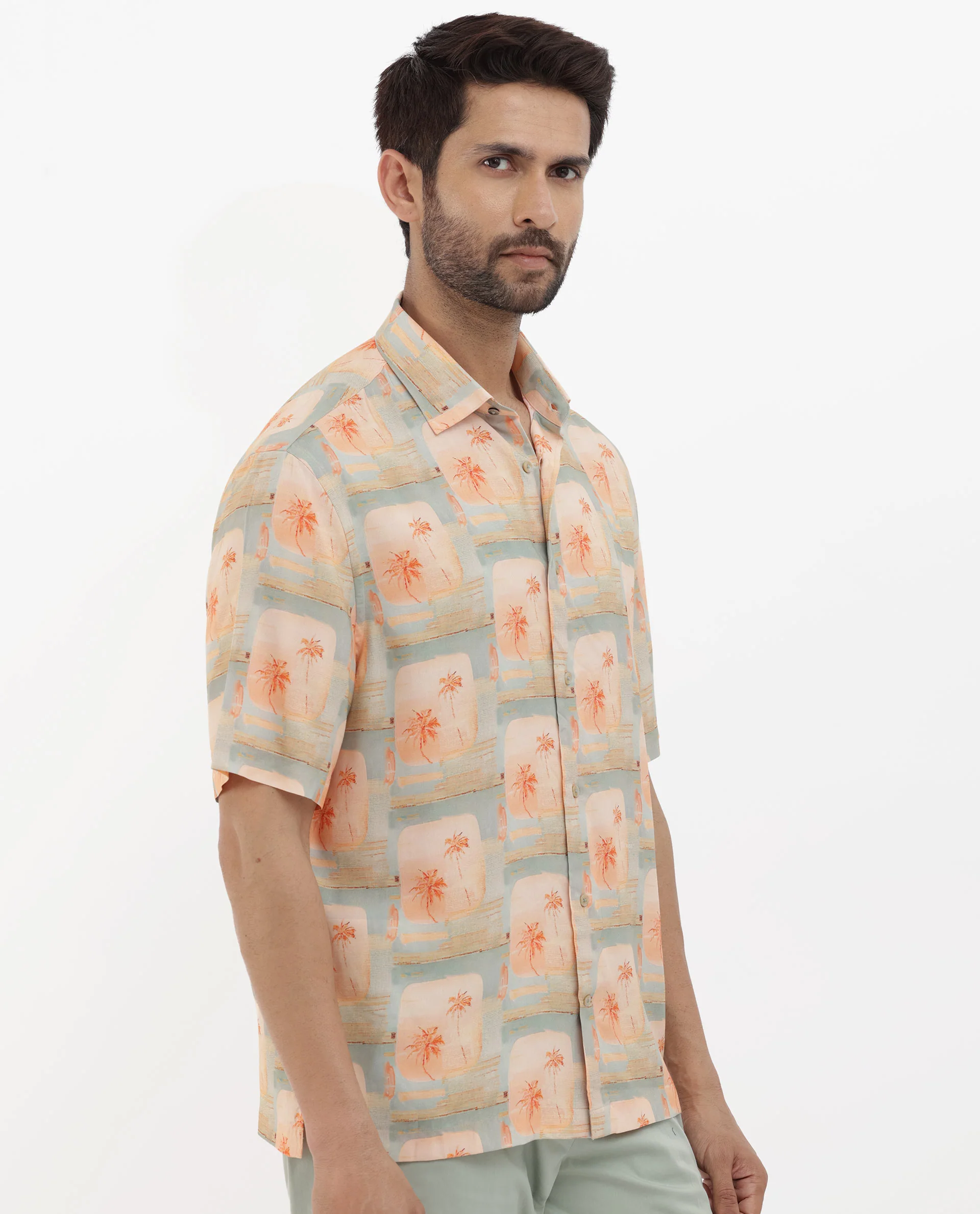 Rare Rabbit Men's Margon Light Peach Viscose Tropical Print Boxy Fit Half Sleeve Spread Collar Shirt - Image 8