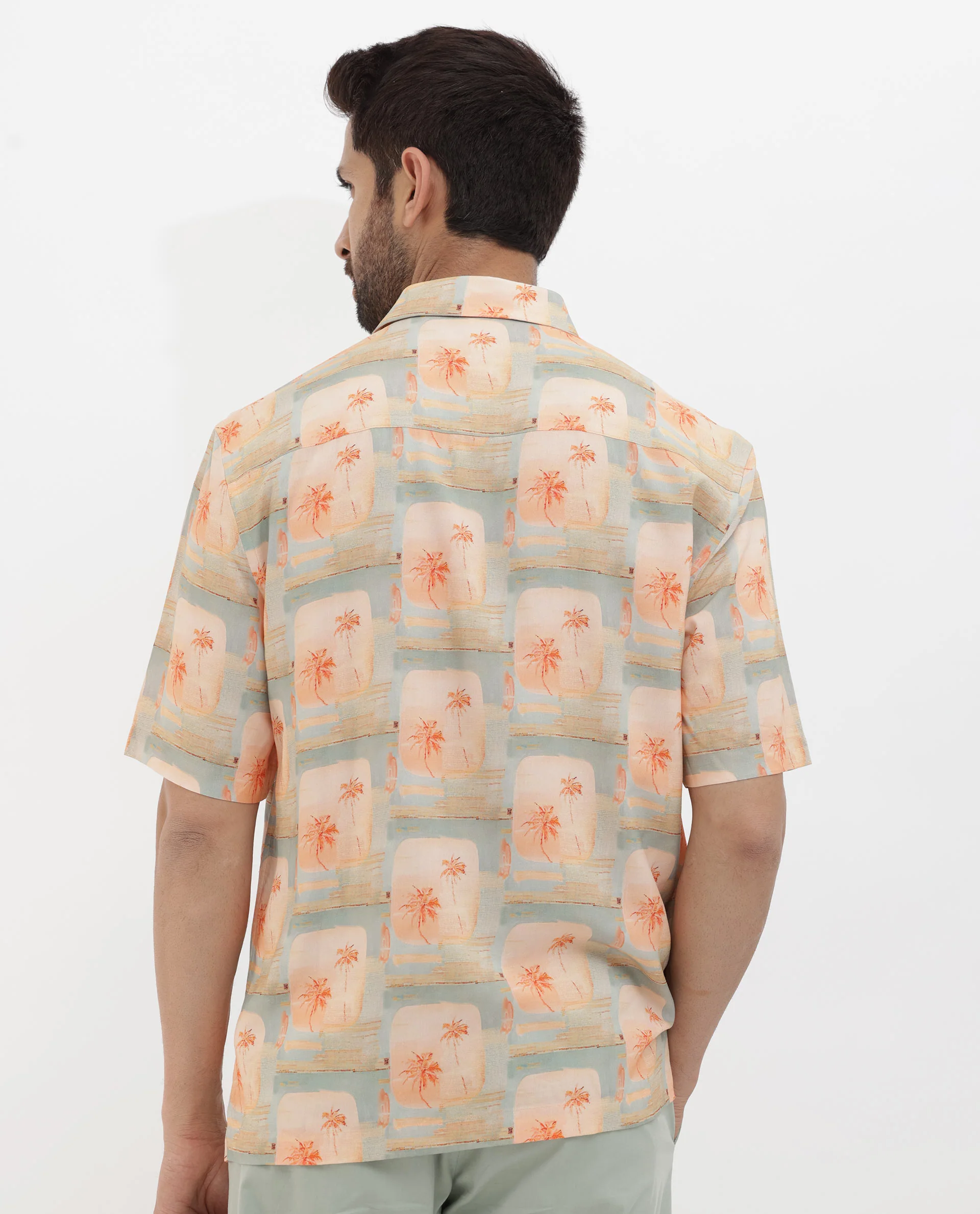 Rare Rabbit Men's Margon Light Peach Viscose Tropical Print Boxy Fit Half Sleeve Spread Collar Shirt - Image 9