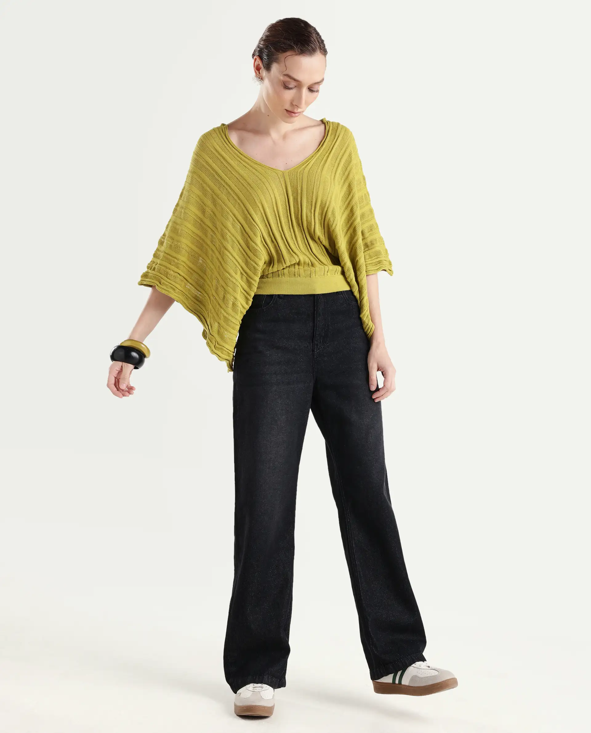 Rareism Women's Marida Olive Cotton V-Neck Plain Extended Sleeves Relaxed Fit Top - Image 2