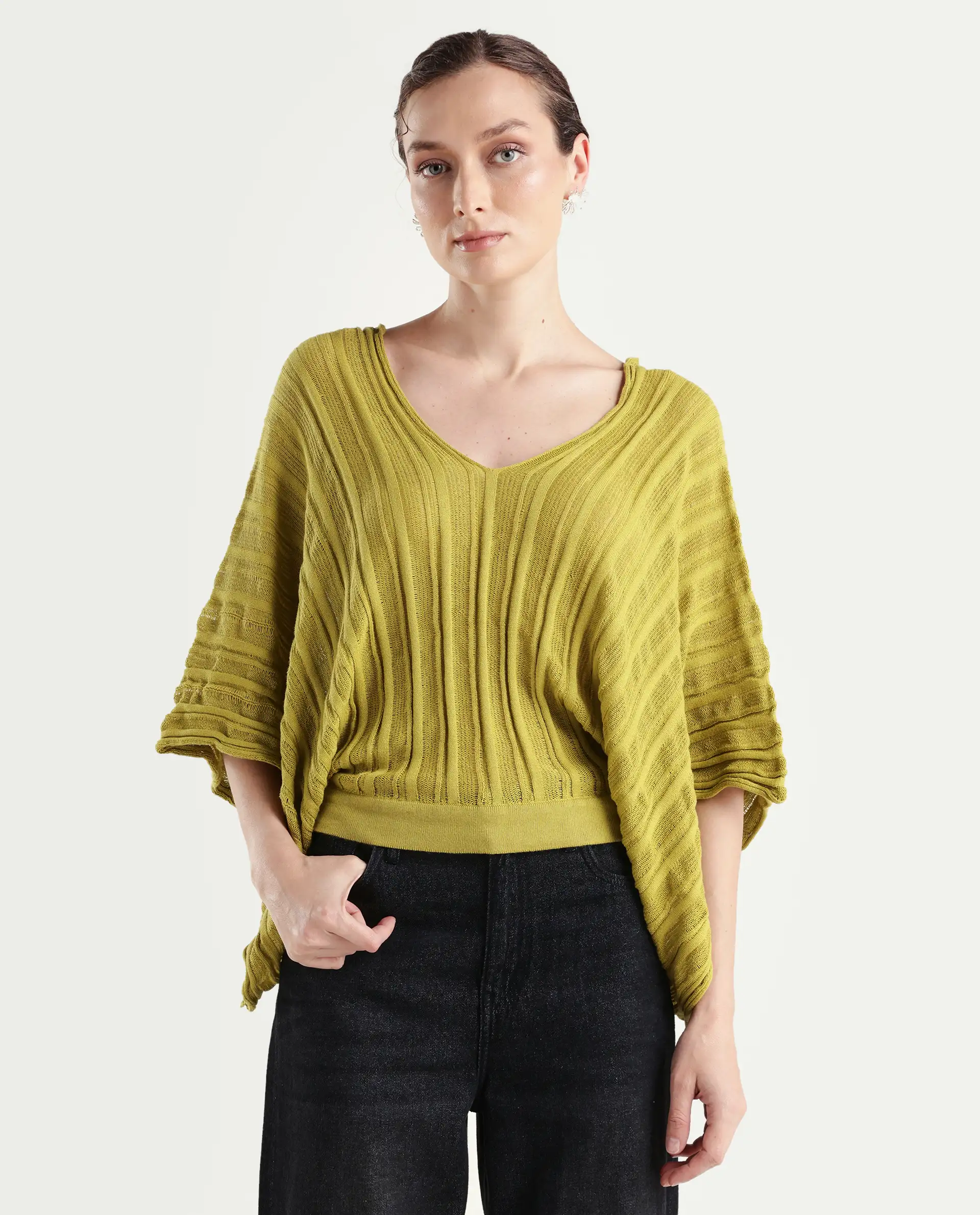 Rareism Women's Marida Olive Cotton V-Neck Plain Extended Sleeves Relaxed Fit Top - Image 3