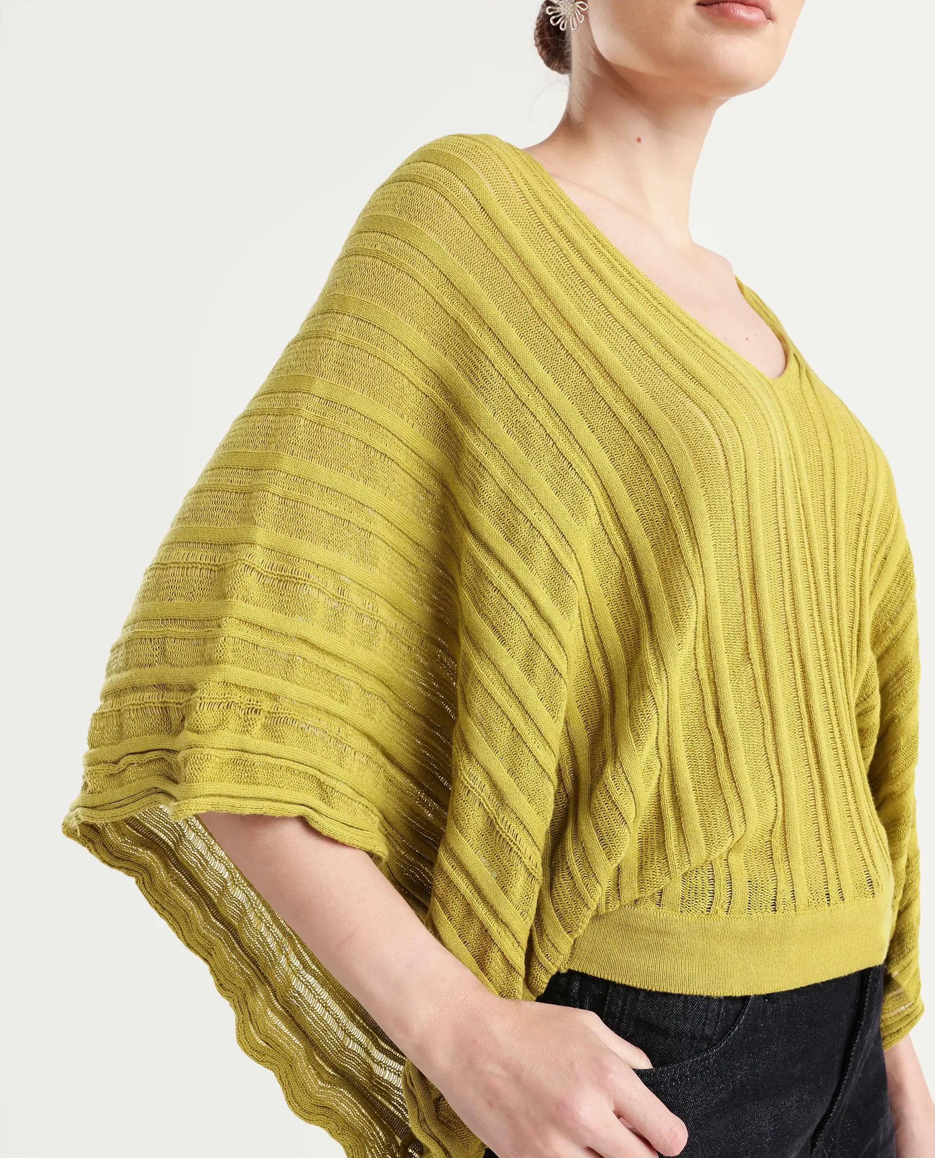 Rareism Women's Marida Olive Cotton V-Neck Plain Extended Sleeves Relaxed Fit Top - Image 4