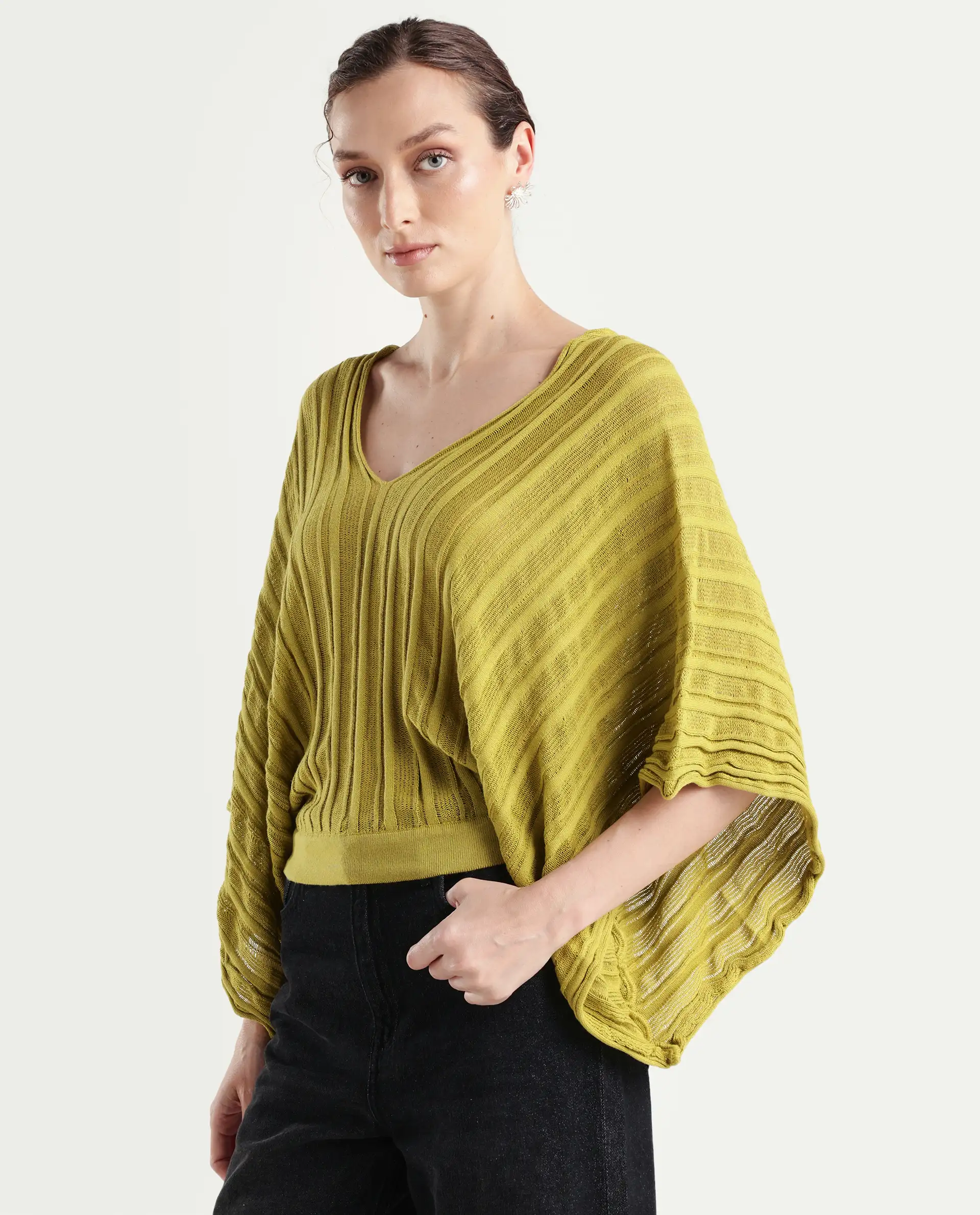 Rareism Women's Marida Olive Cotton V-Neck Plain Extended Sleeves Relaxed Fit Top - Image 5