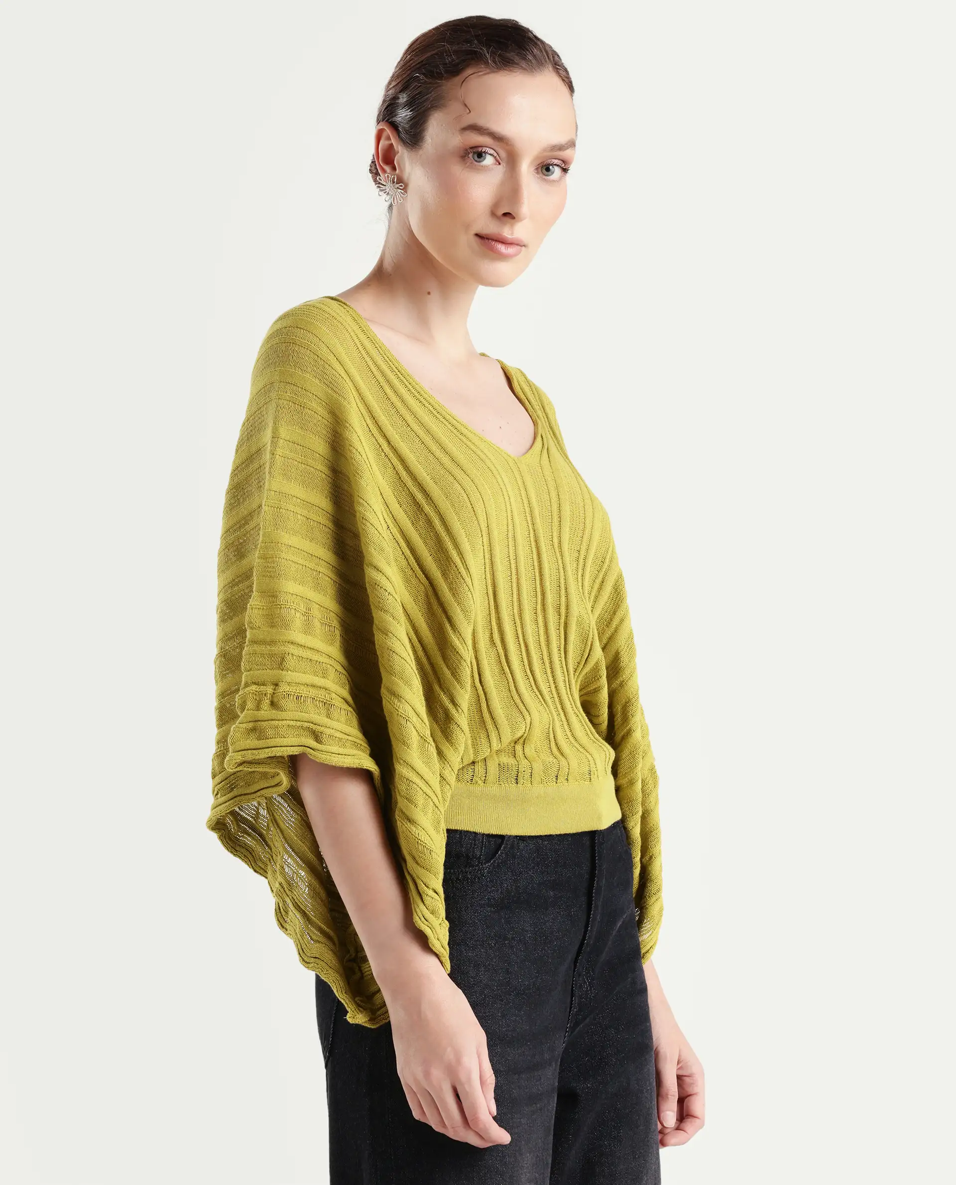 Rareism Women's Marida Olive Cotton V-Neck Plain Extended Sleeves Relaxed Fit Top - Image 6